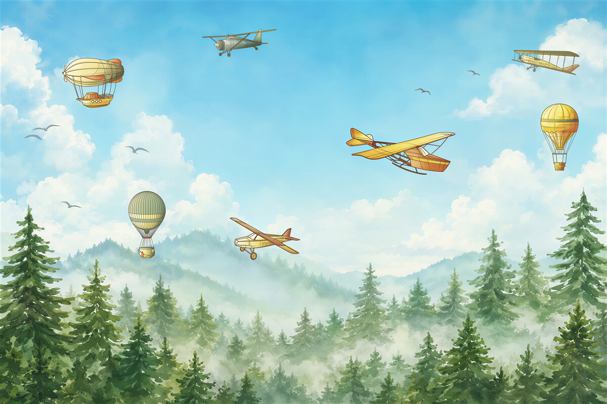 Fotobehang Luchttransport boven een mistig bos