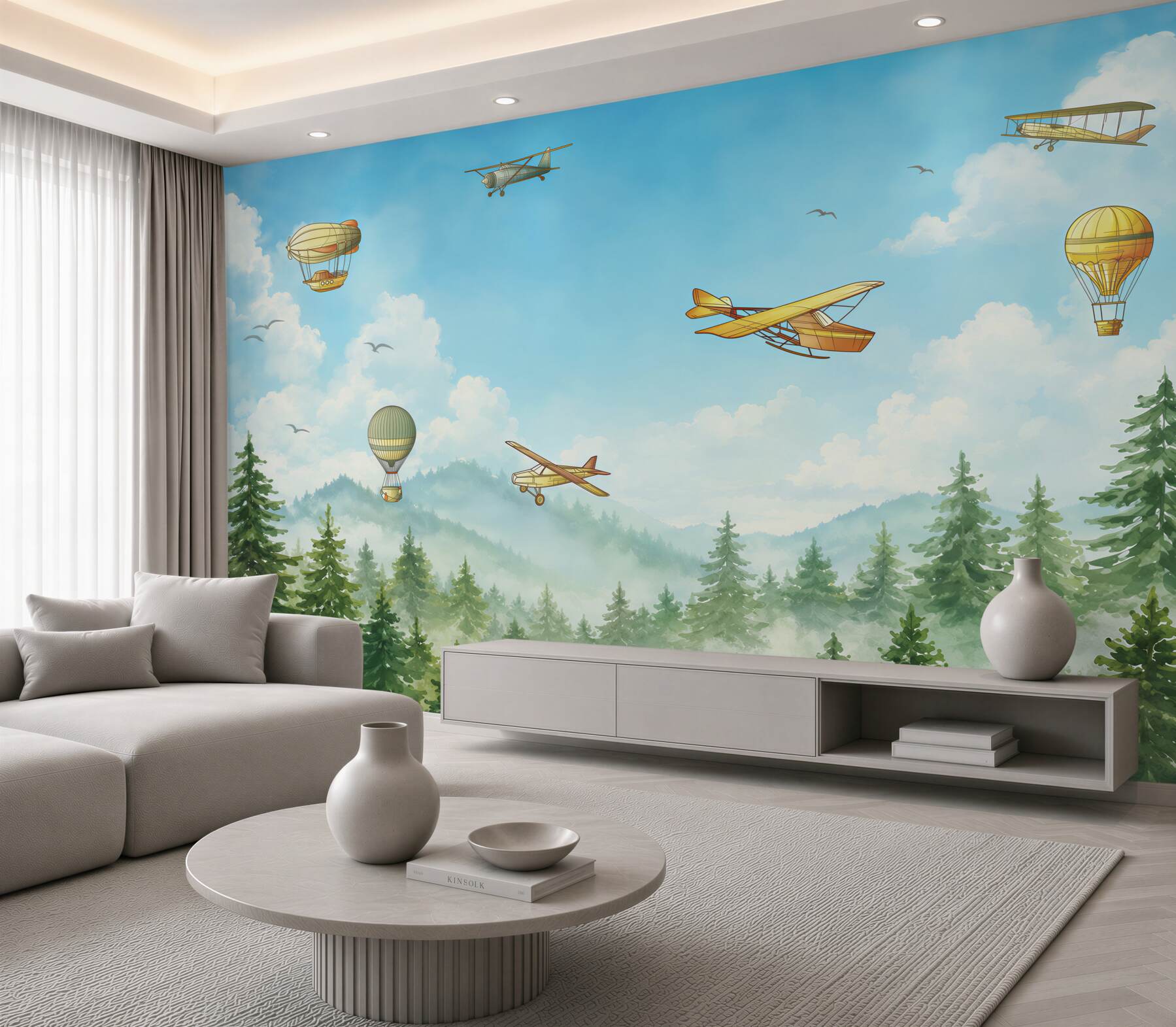 Fotobehang Luchttransport boven een mistig bos