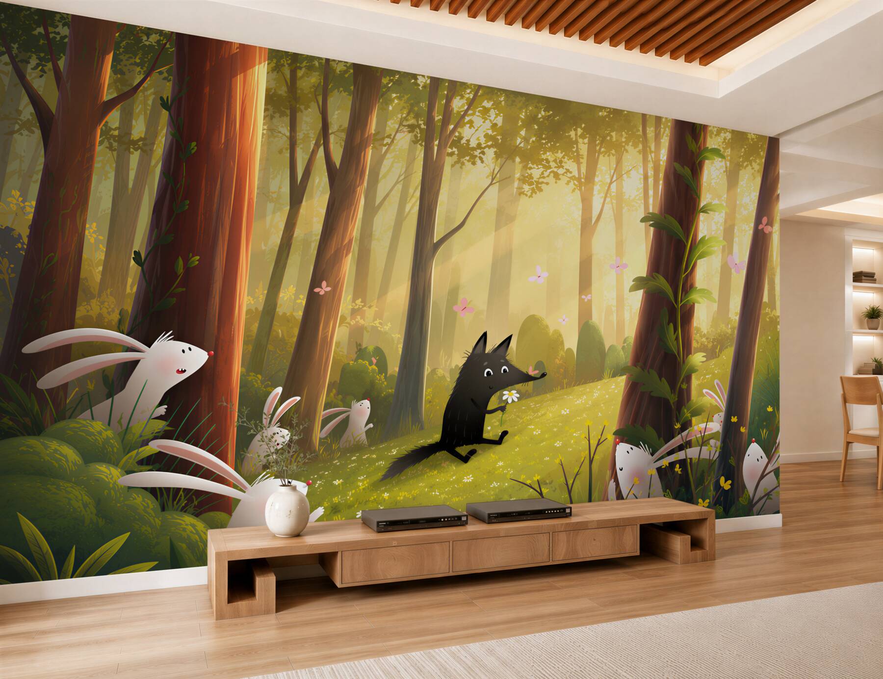 Fotobehang Konijnen die een wolf in het bos observeren
