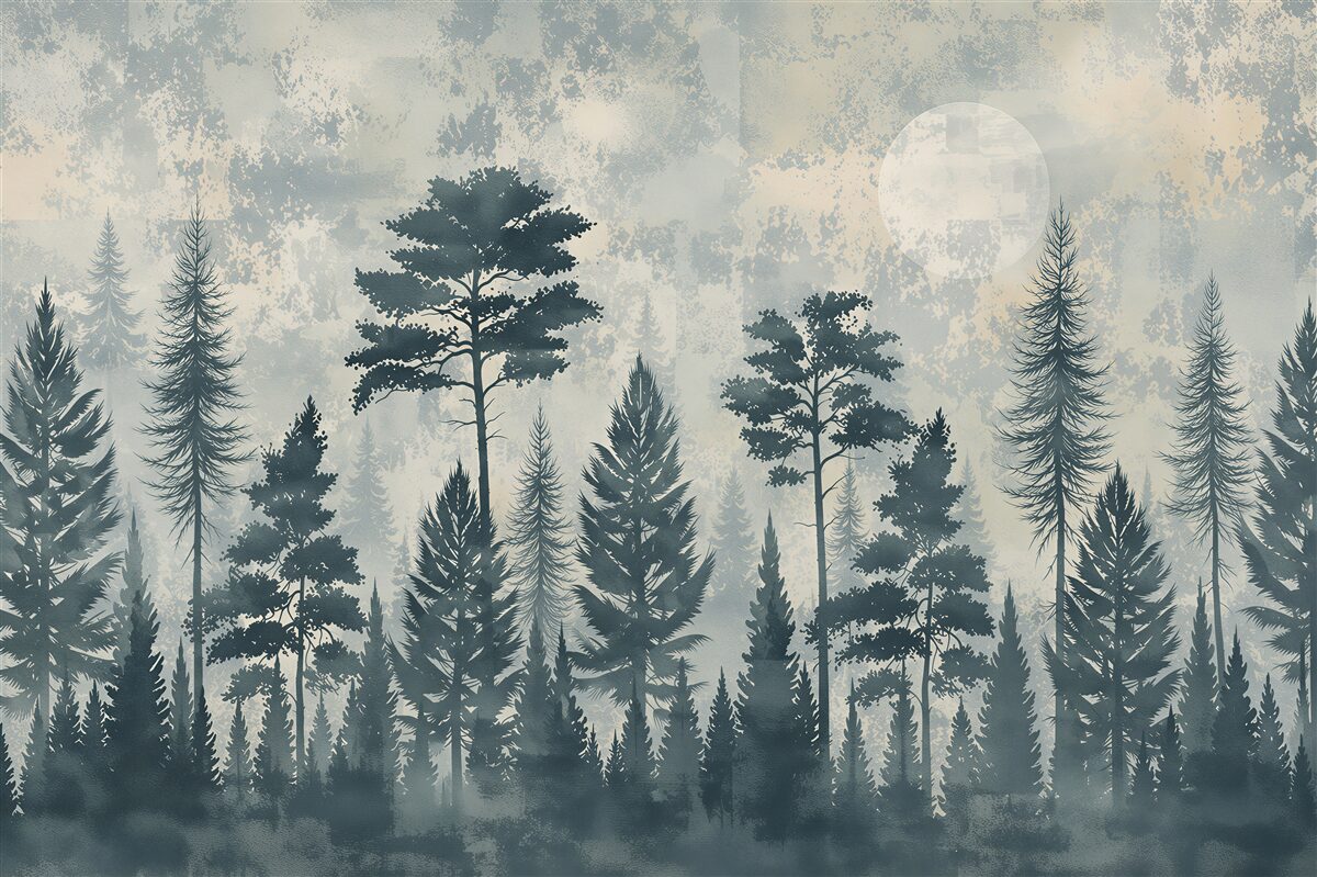 Fotobehang bos in de mist met de maan rustige landschap voor de woonkamer