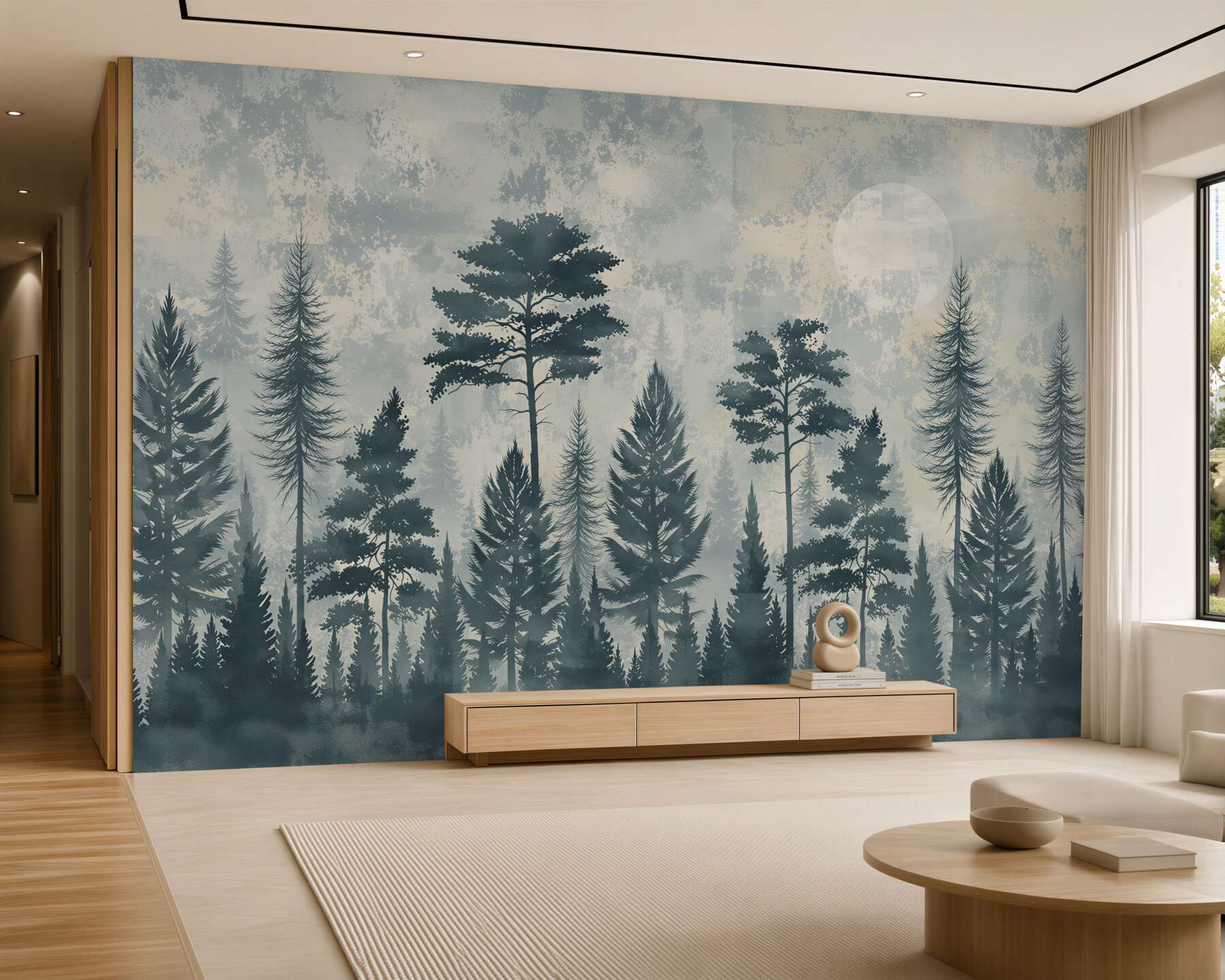 Fotobehang bos in de mist met de maan rustige landschap voor de woonkamer