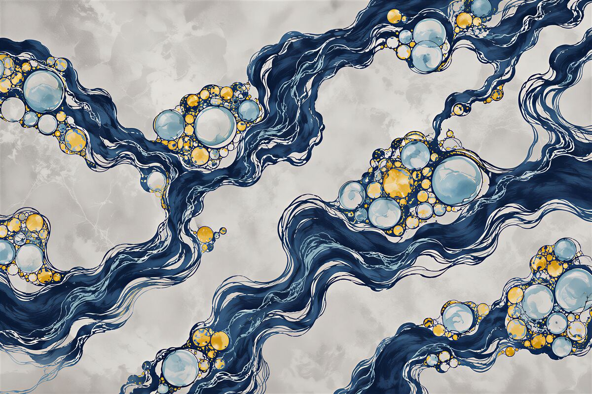 Fotobehang abstracte blauwe golf met gouden cirkels van marmer