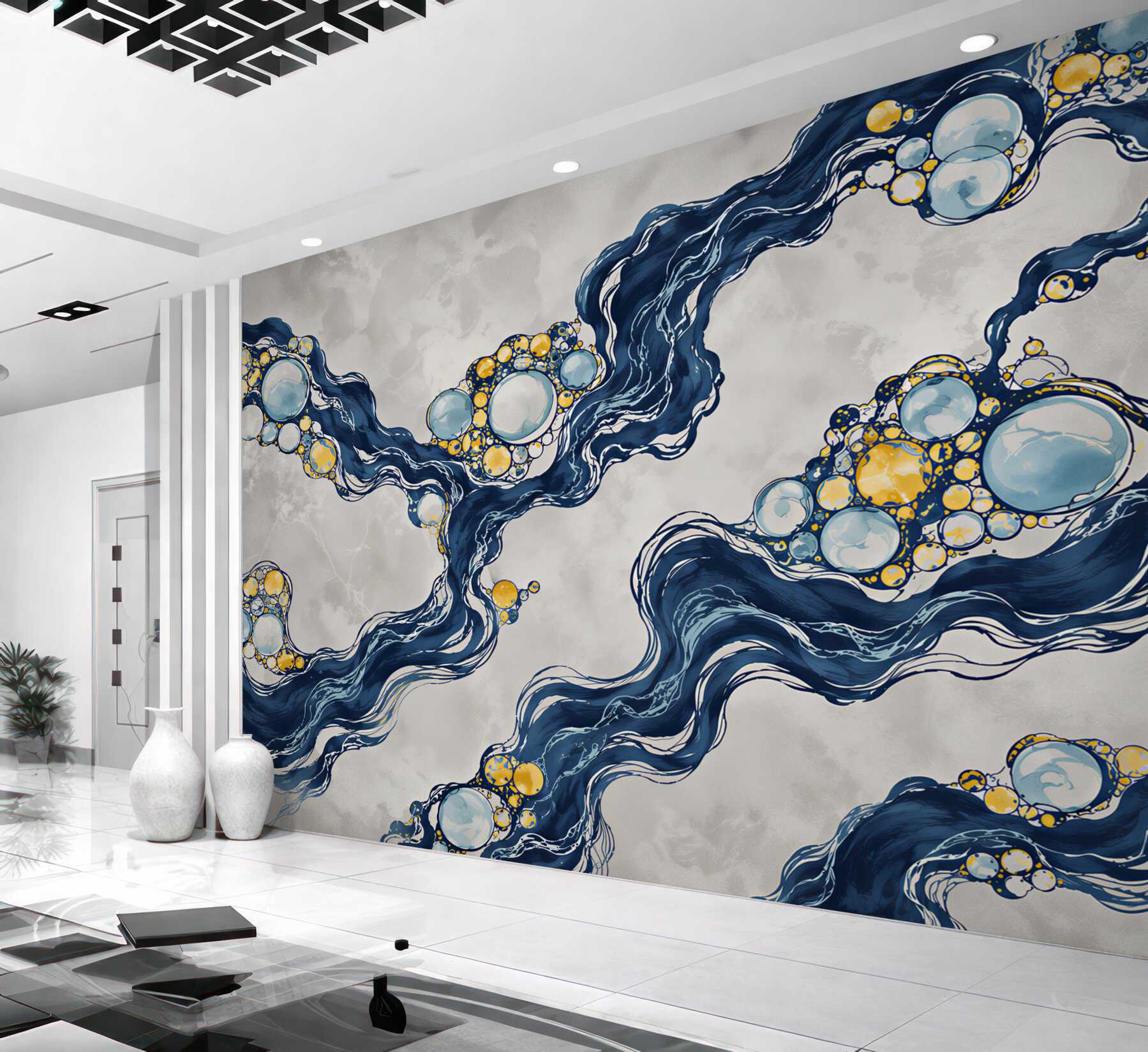 Fotobehang abstracte blauwe golf met gouden cirkels van marmer