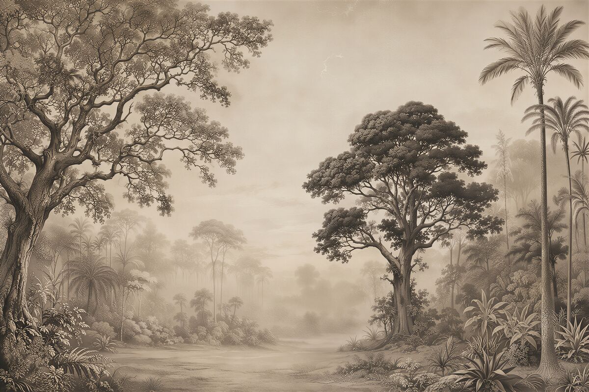 Fotobehang boslandschap in de mist beige rustig voor de slaapkamer