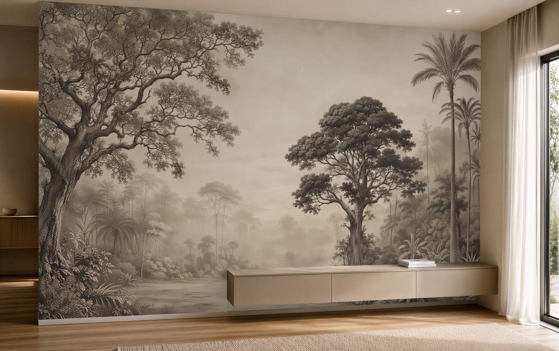 Fotobehang boslandschap in de mist beige rustig voor de slaapkamer