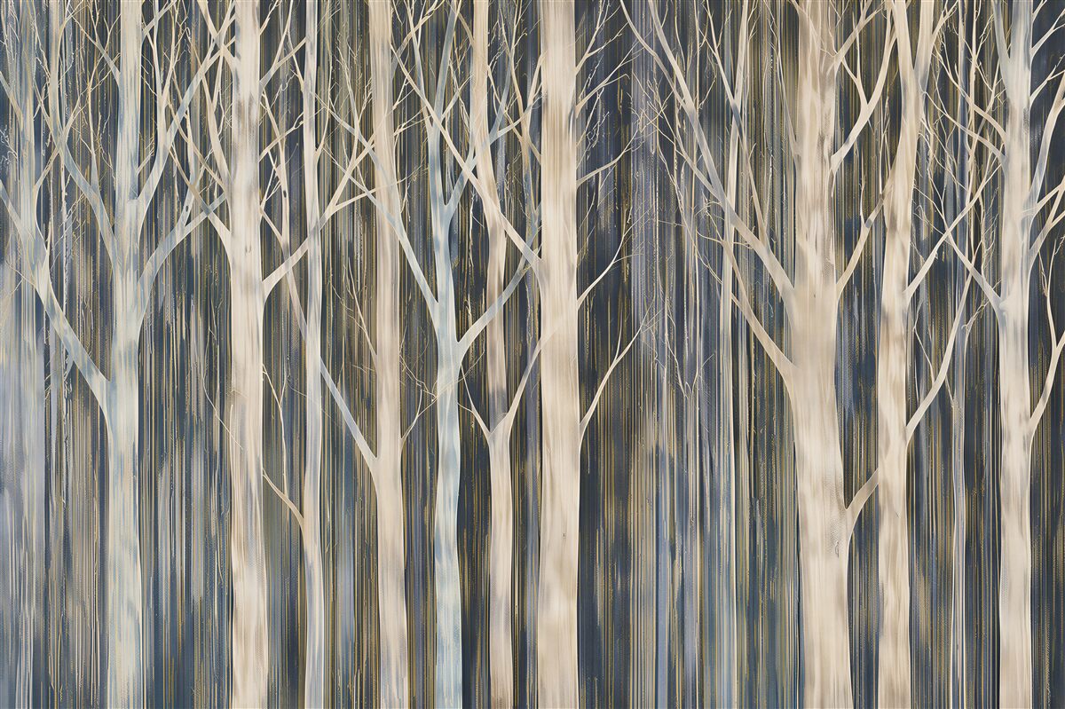 Fotobehang witte bos in de mist in beige-blauwe tinten