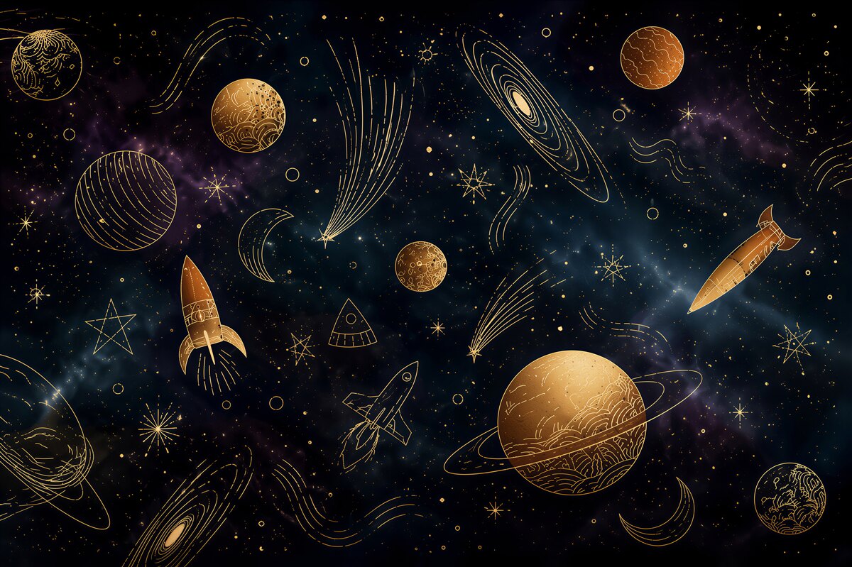 Fotobehang planeten en sterren in de wolken in beige en goud voor kinderen