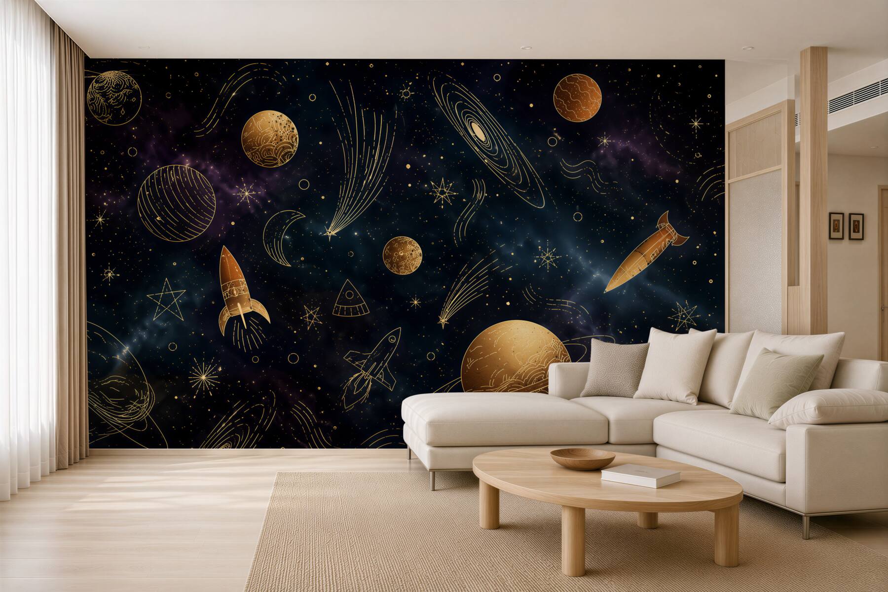 Fotobehang planeten en sterren in de wolken in beige en goud voor kinderen