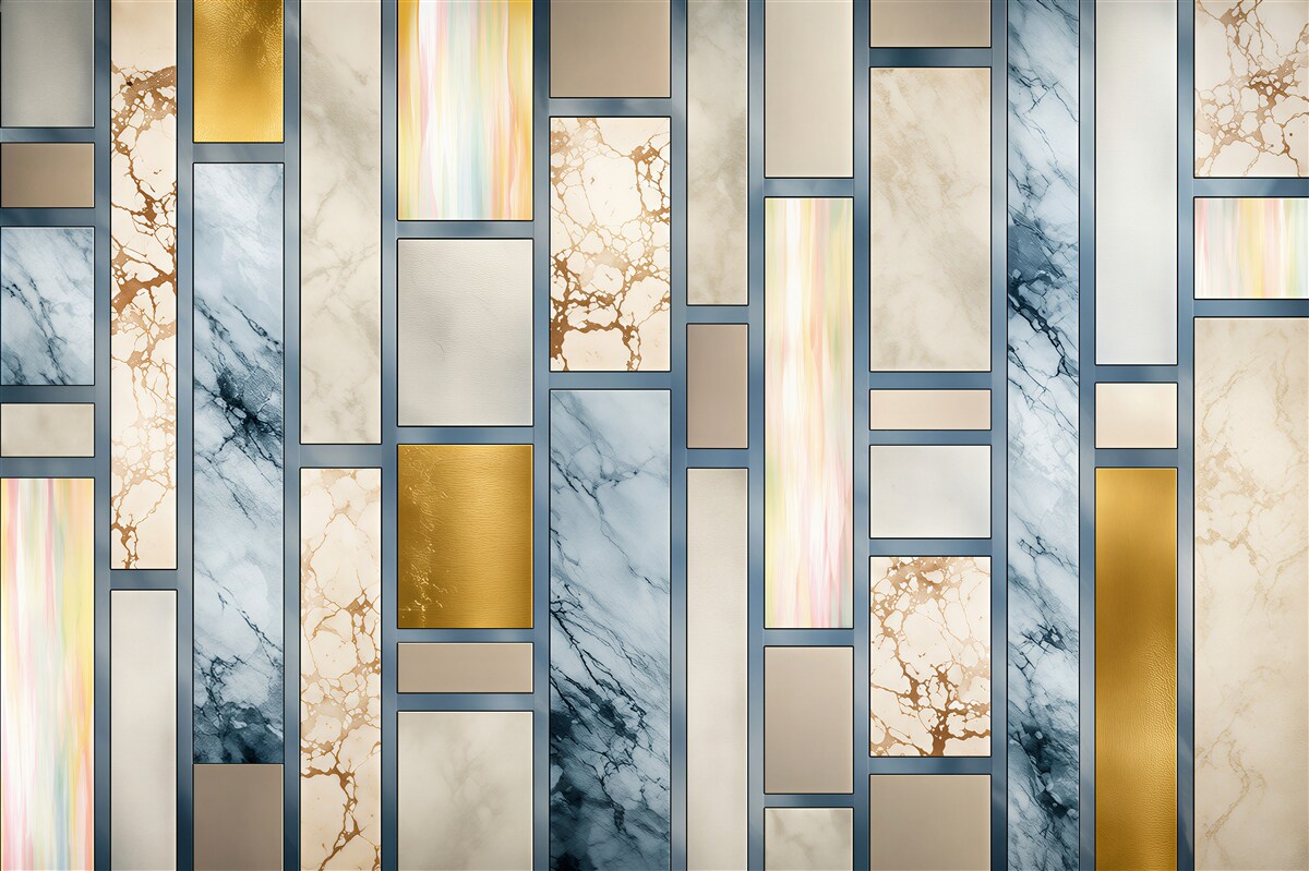 Fotobehang geometrische marmer wit en lichtblauw met gouden accenten