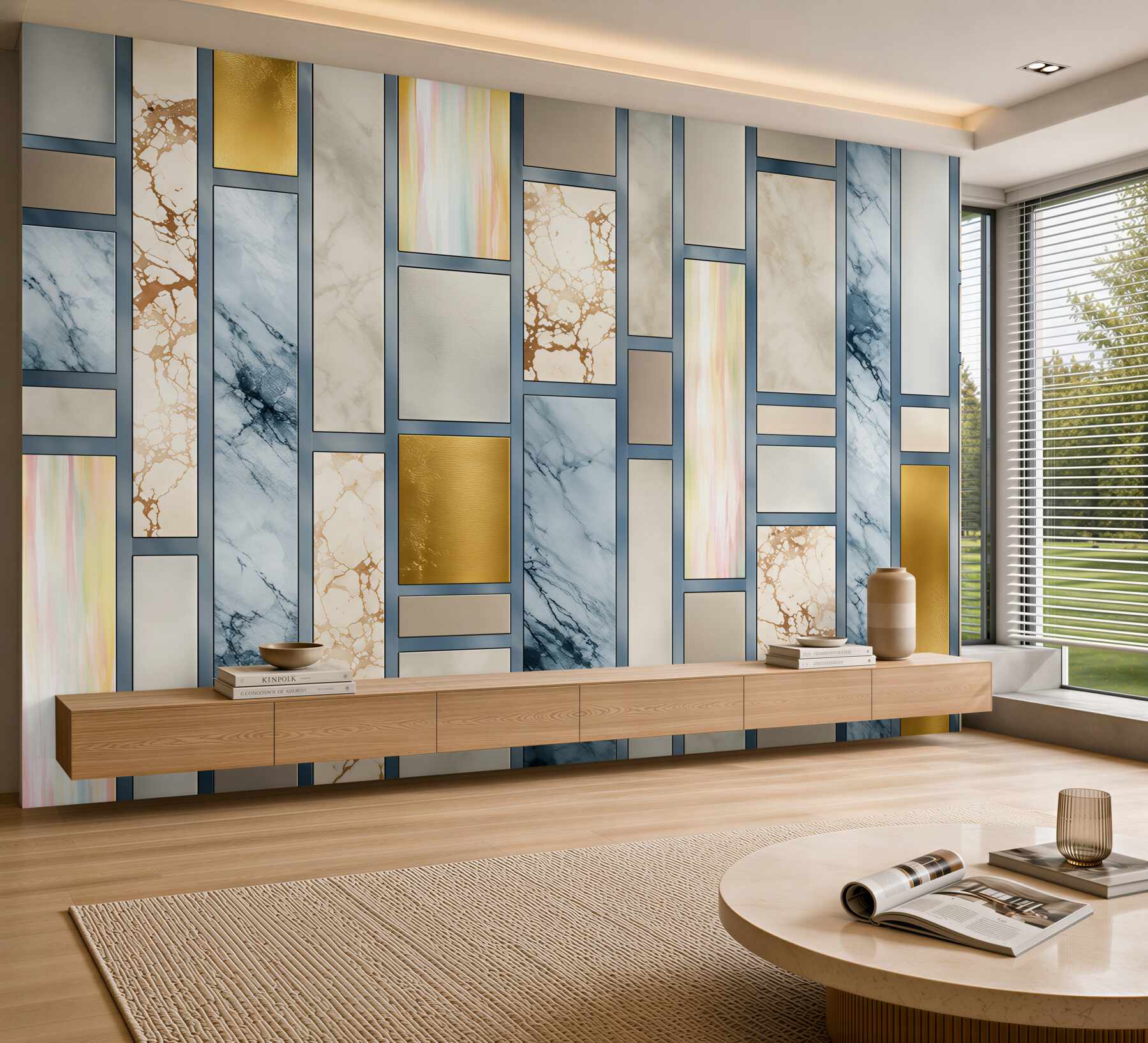 Fotobehang geometrische marmer wit en lichtblauw met gouden accenten