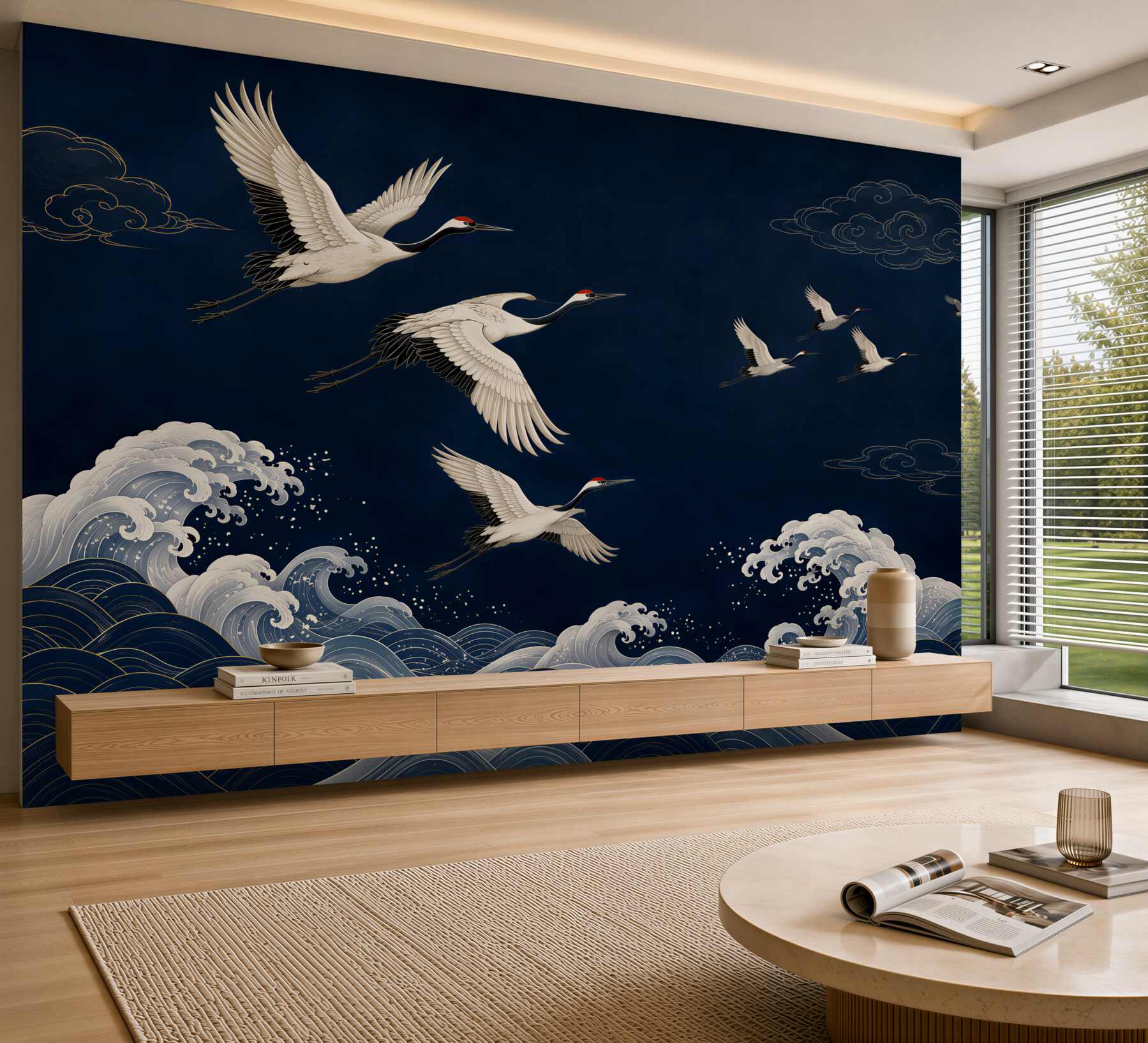 Fotobehang kraanvogels die boven de golven en bergen vliegen in beige tinten
