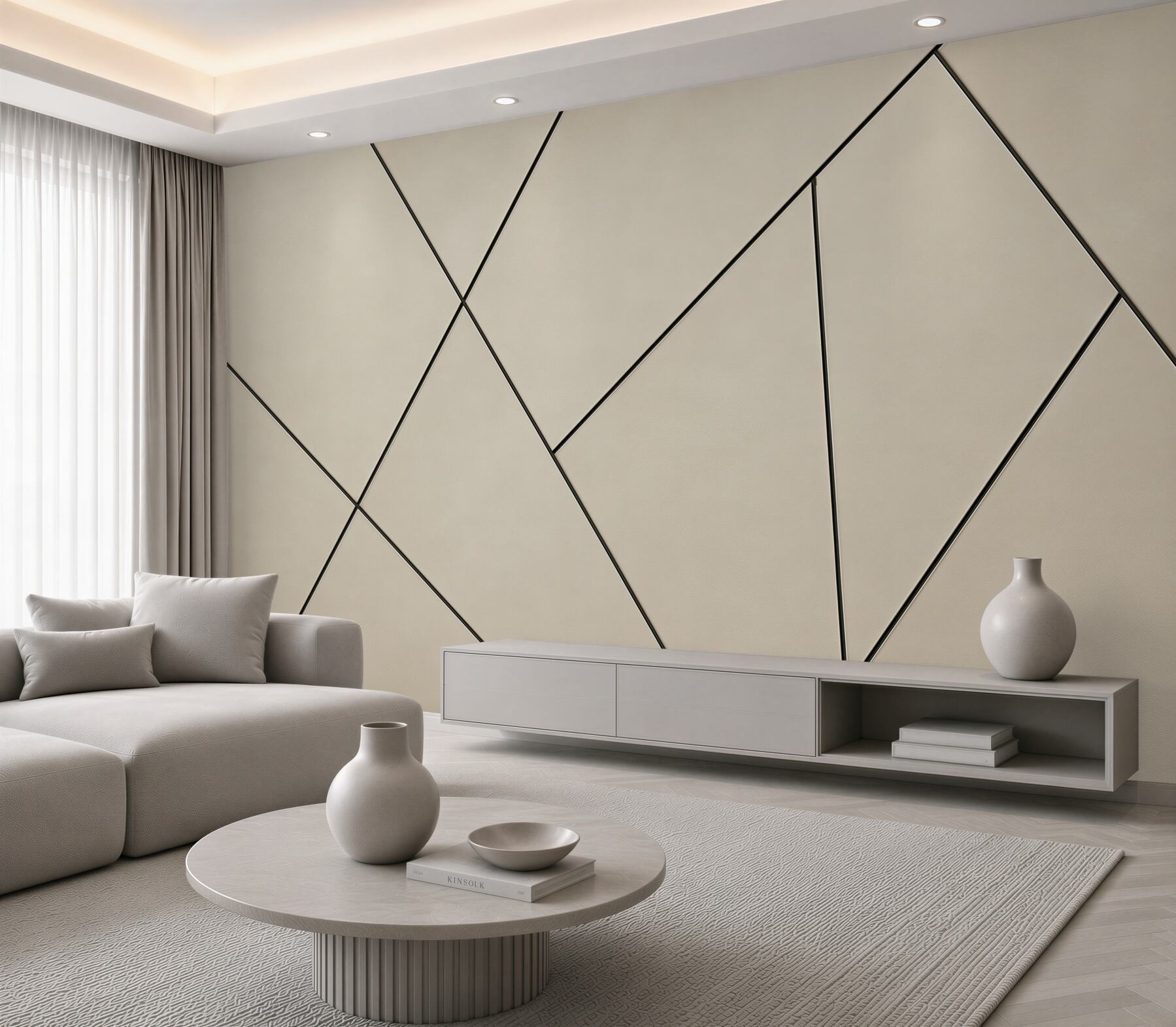 Fotobehang geometrische abstractie beige met gouden lijnen