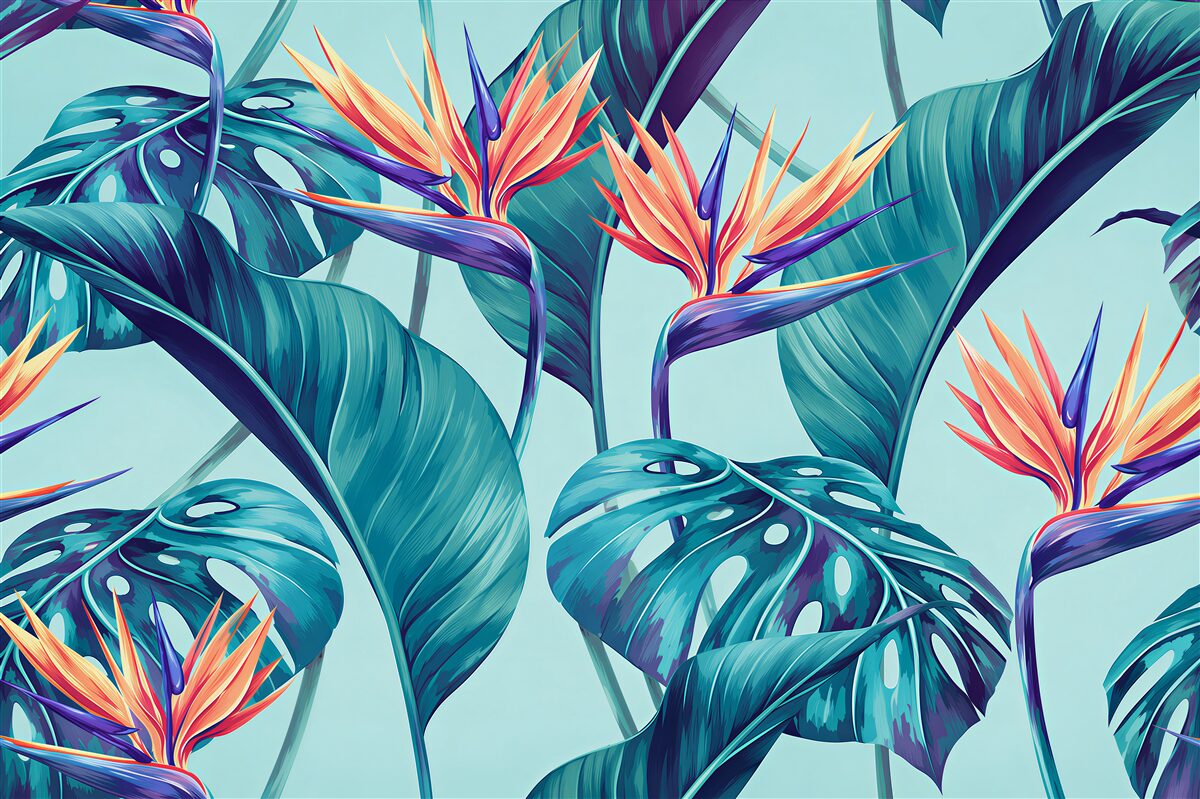 Fotobehang strelitzia en tropische bladeren in beige-groene tinten