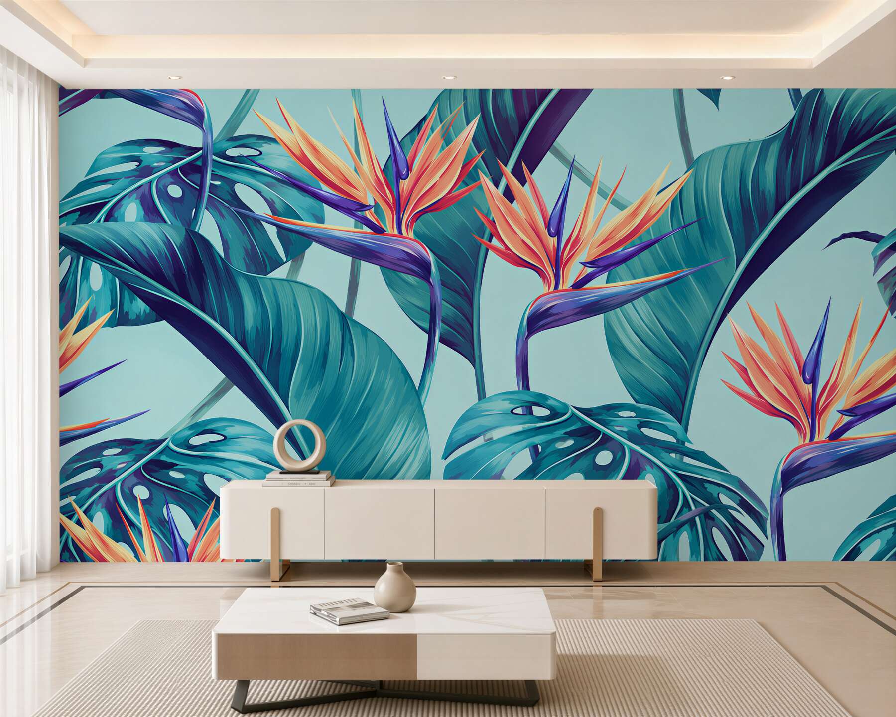 Fotobehang strelitzia en tropische bladeren in beige-groene tinten