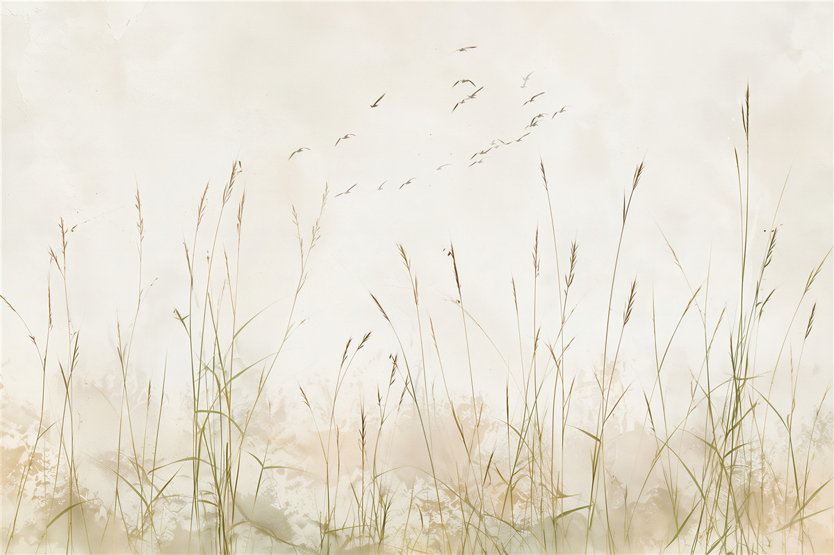 Fotobehang duingras en vogels in een rustige beige lucht