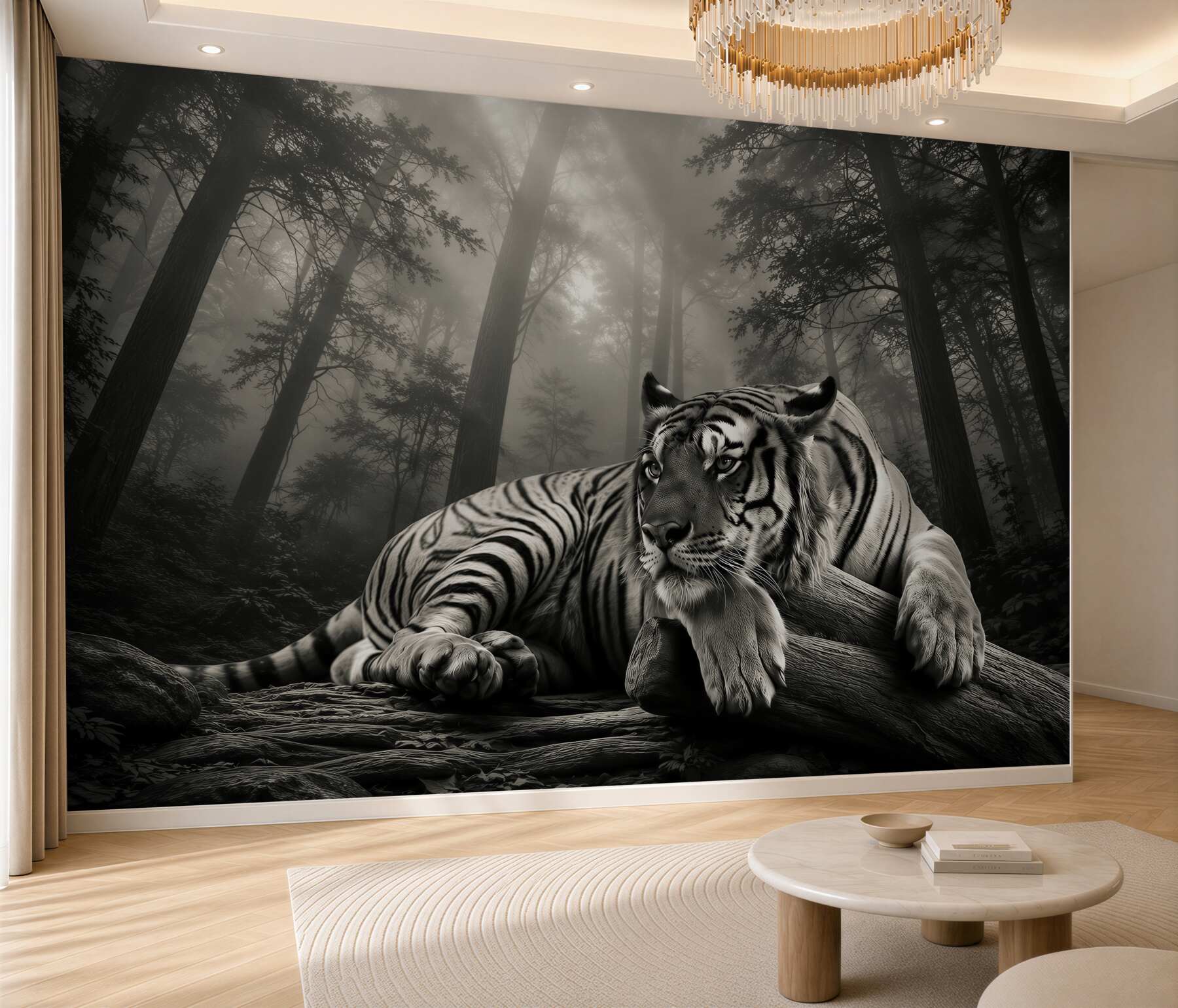 Fotobehang tijger in het bosnevel sfeervolle decoratie voor de woonkamer of kantoor