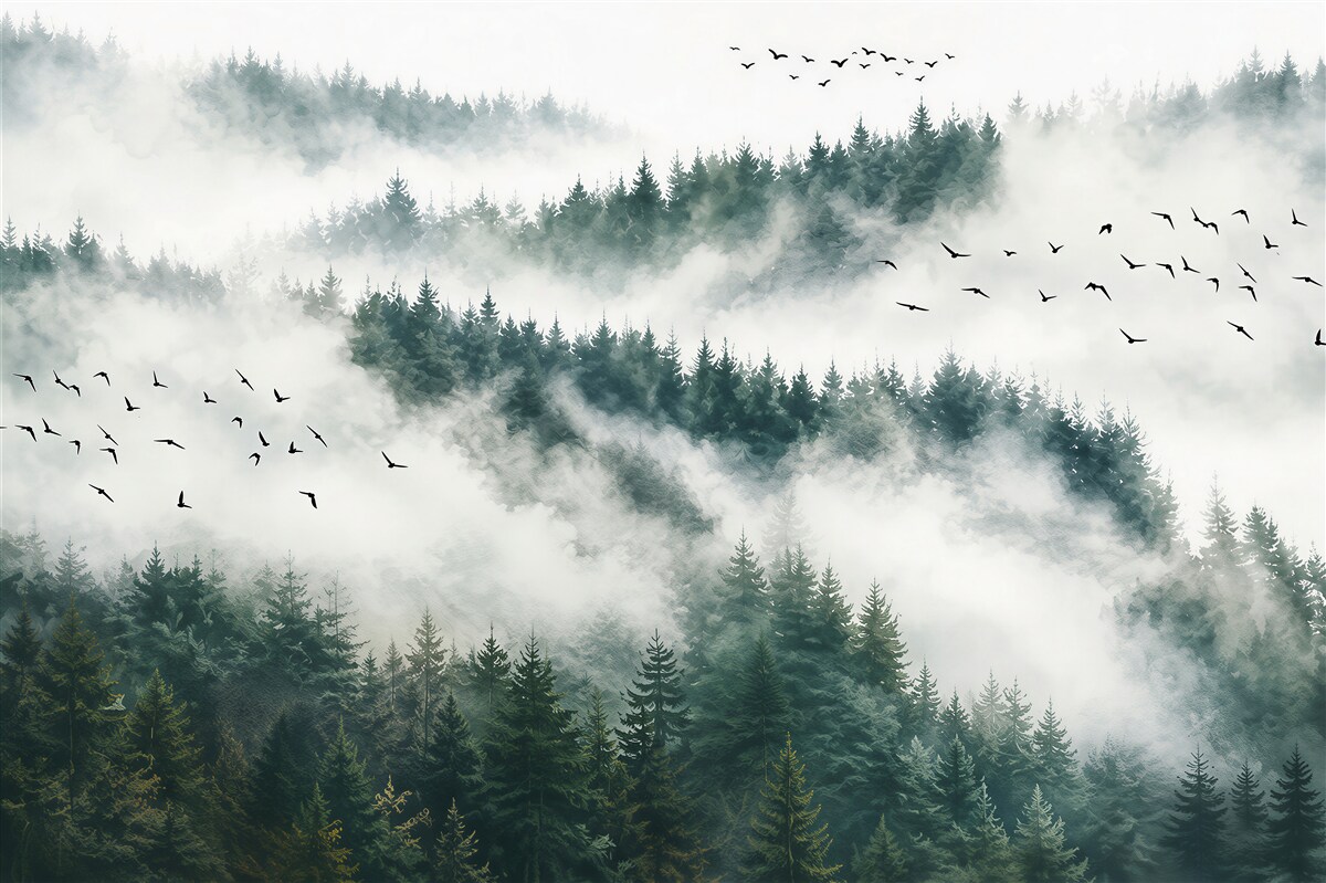 Fotobehang bergbos in de mist met vogels rustig landschap