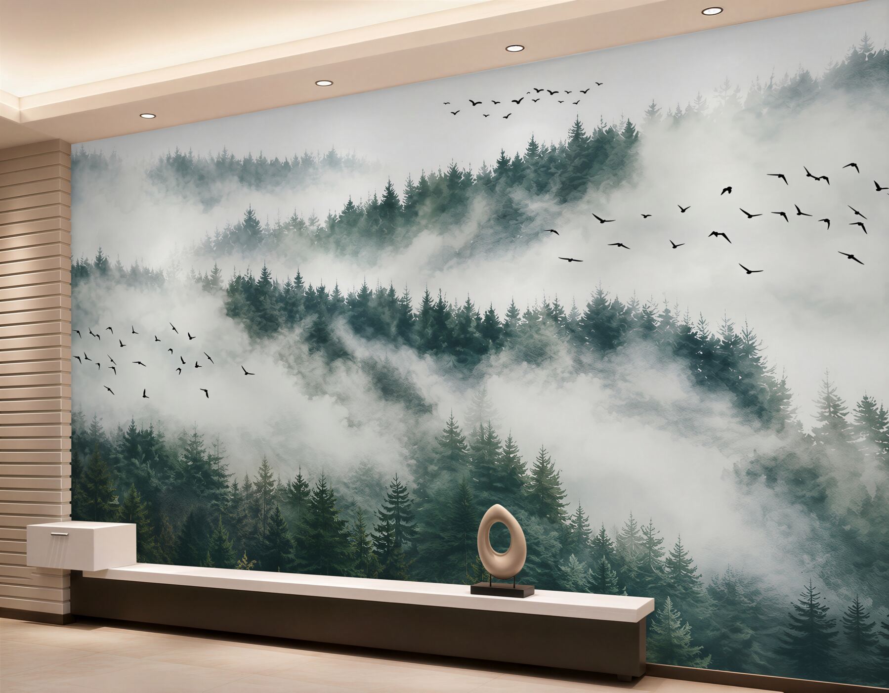 Fotobehang bergbos in de mist met vogels rustig landschap