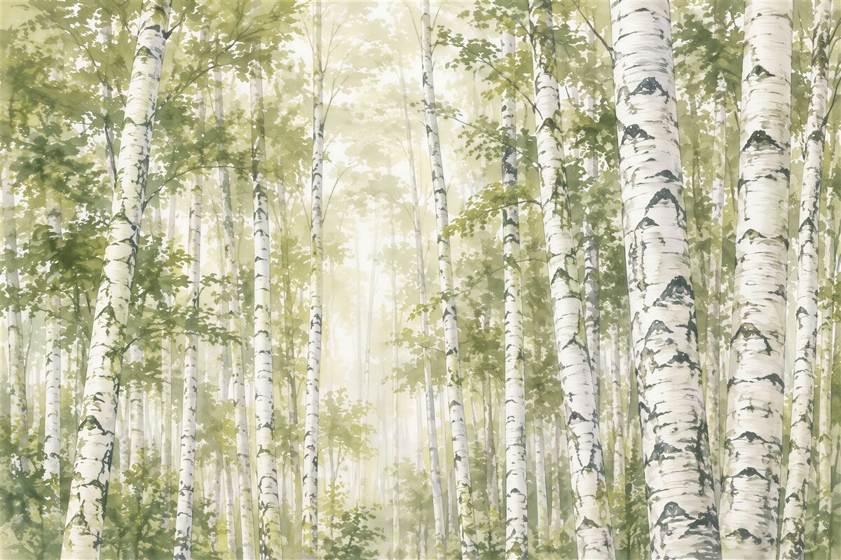 Fotobehang berkenbos in de mist met pad rustig natuurlijk landschap