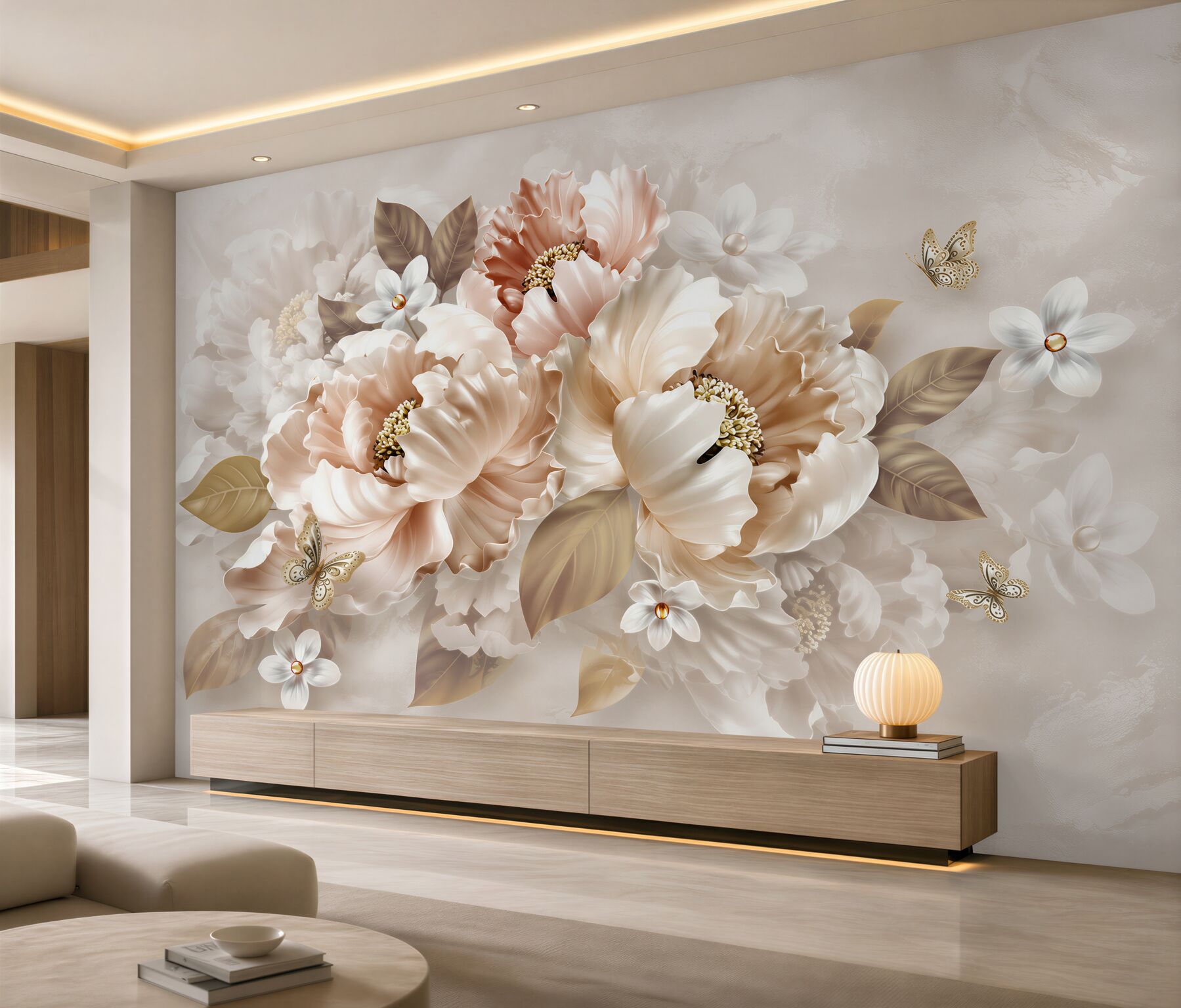 Fotobehang beige pioenen met vlinder elegant voor de slaapkamer