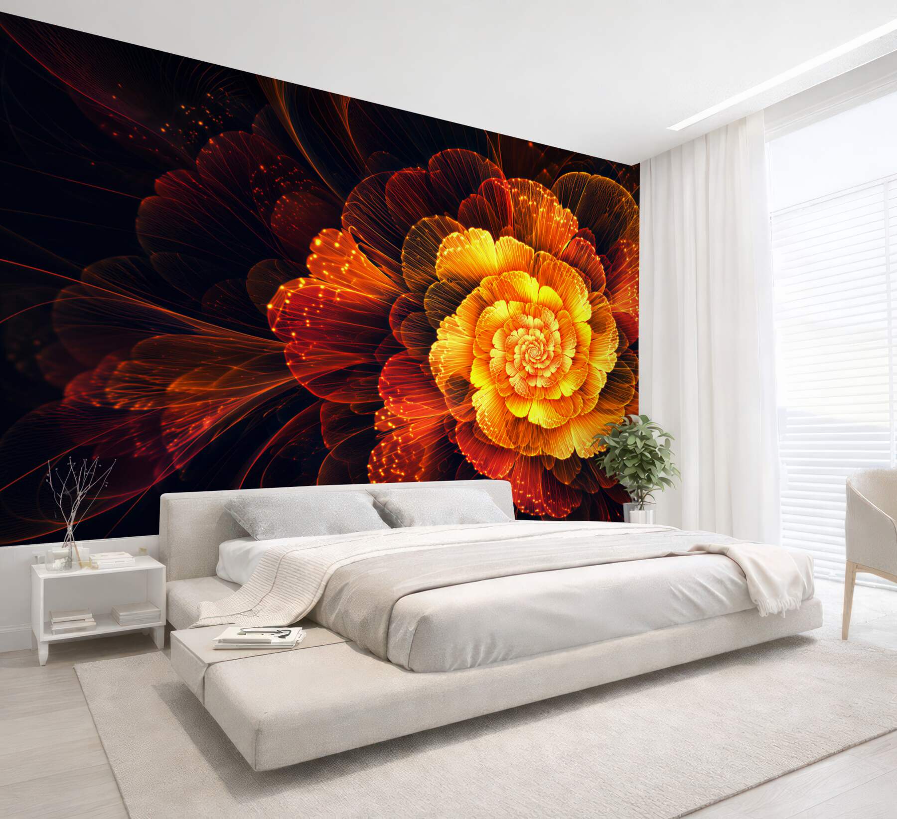 Fotobehang oranje stralende pioen op beige achtergrond