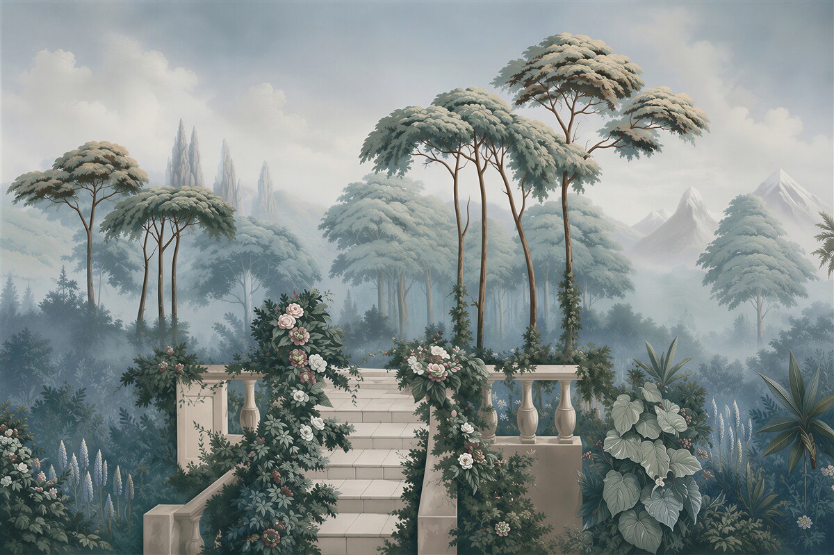 Fotobehang terras met uitzicht op de bergen en de tuin elegante pastel