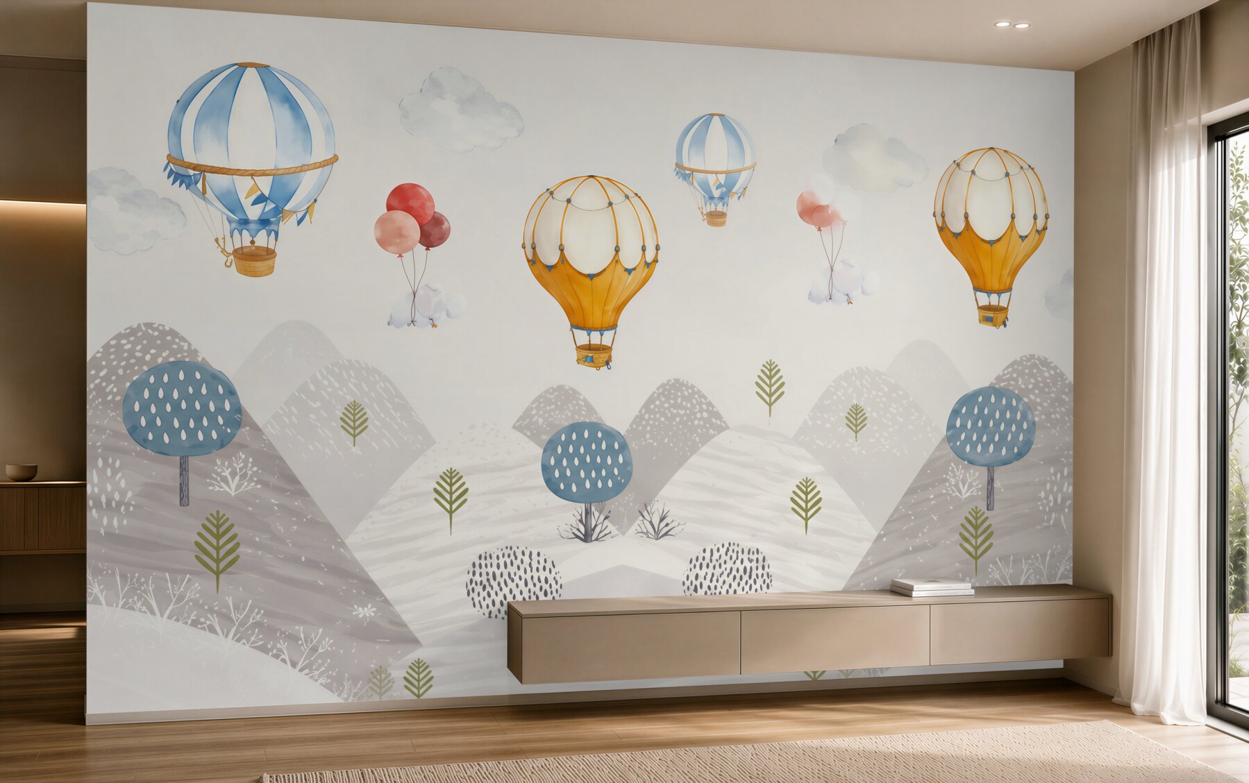 Fotobehang ballonnen en bergen