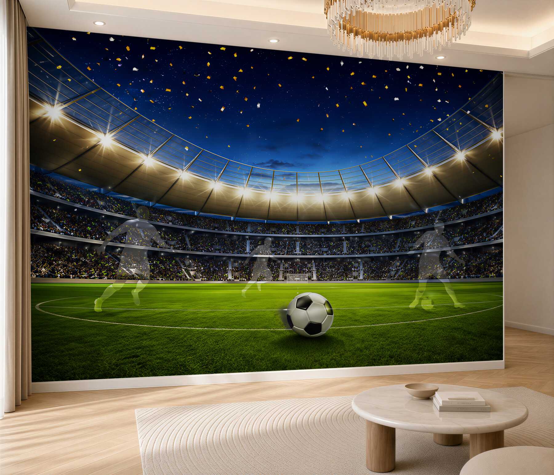 Fotobehang voetbalstadion met bal bij zonsondergang voor de kamer van een voetbalfan