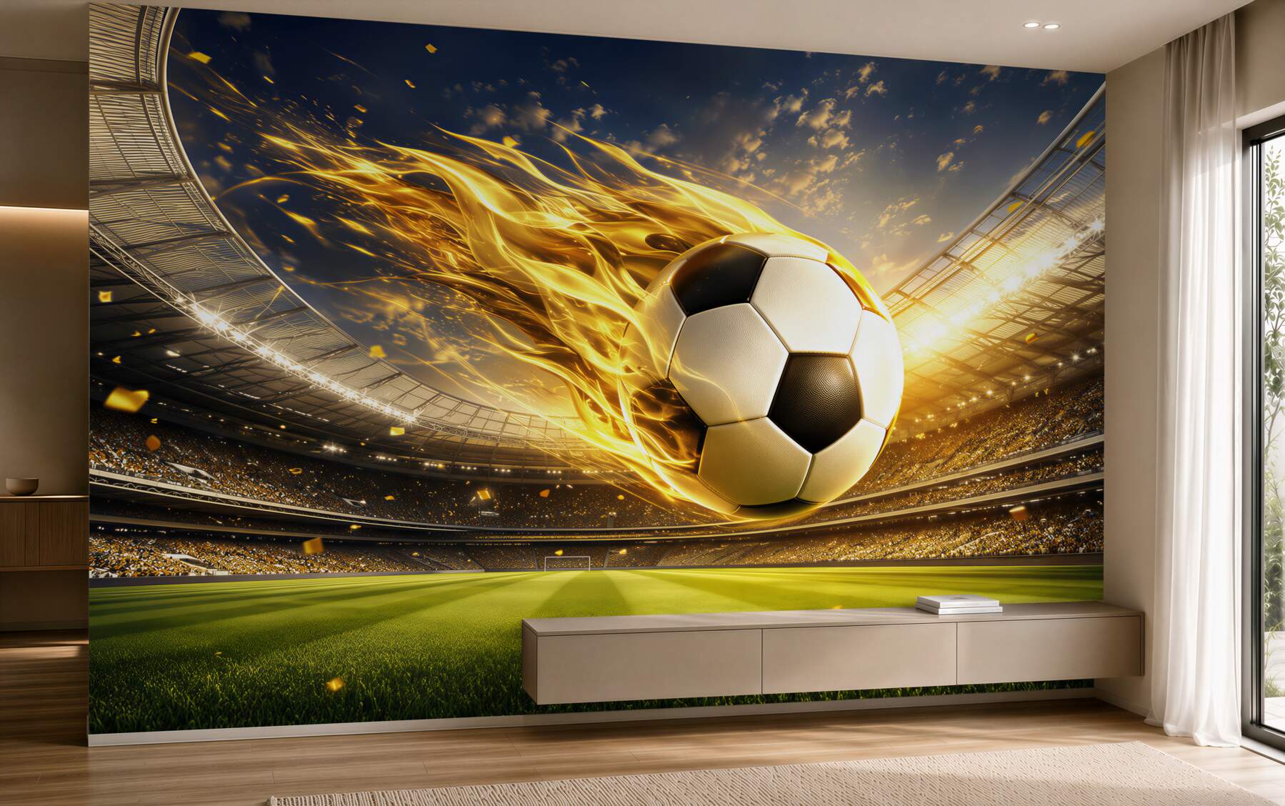 Fotobehang voetbal in vlammen dynamisch beige en goud voor de kamer van een sportfan