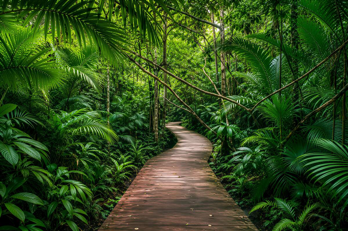 Fotobehang pad naar een sprookjesachtige groene jungle