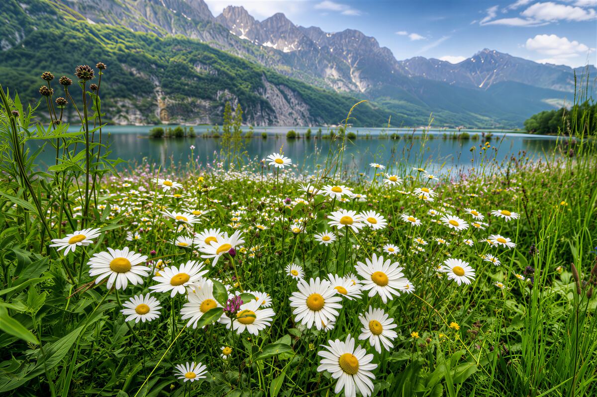 Fotobehang berglandschap met een margrietenveld