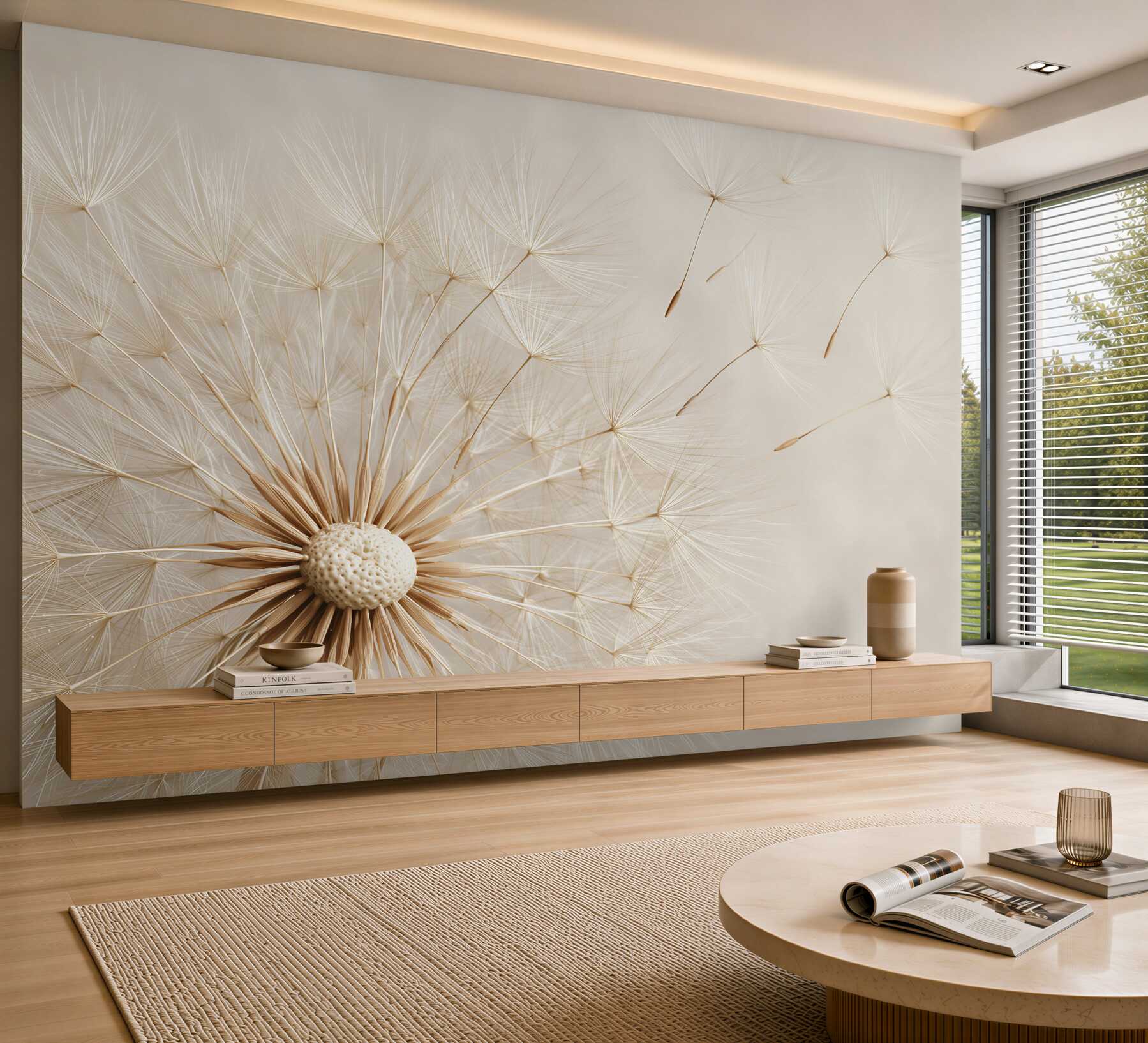 Fotobehang de wind waait over de paardenbloem bloemen