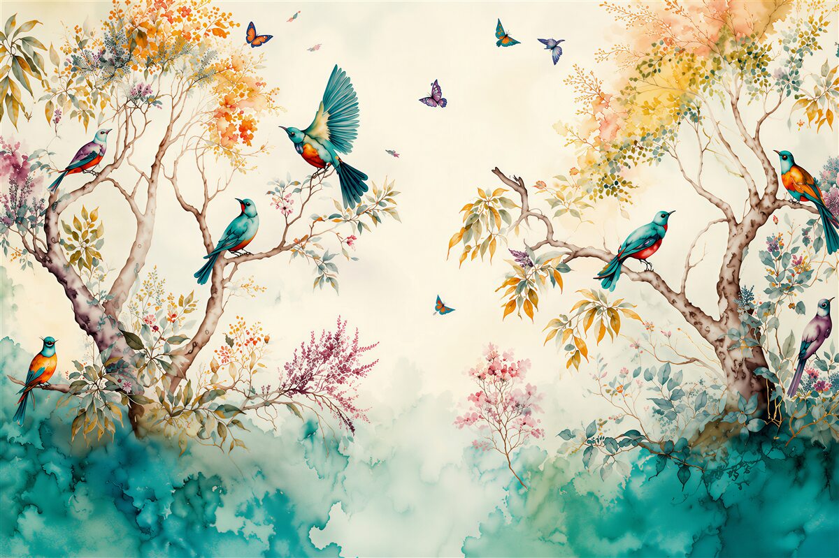 Fotobehang paradijs van vogels in de boomtoppen