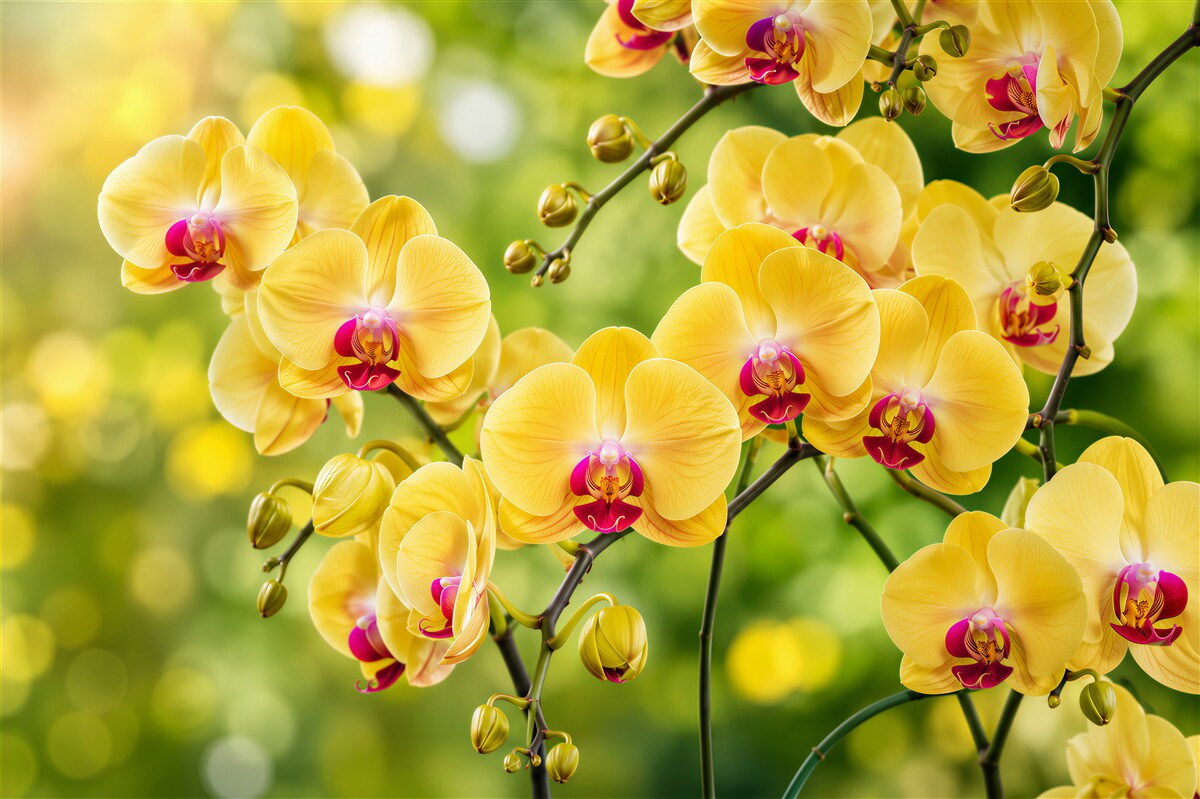 Fotobehang gele orchideeën in een zomertuin