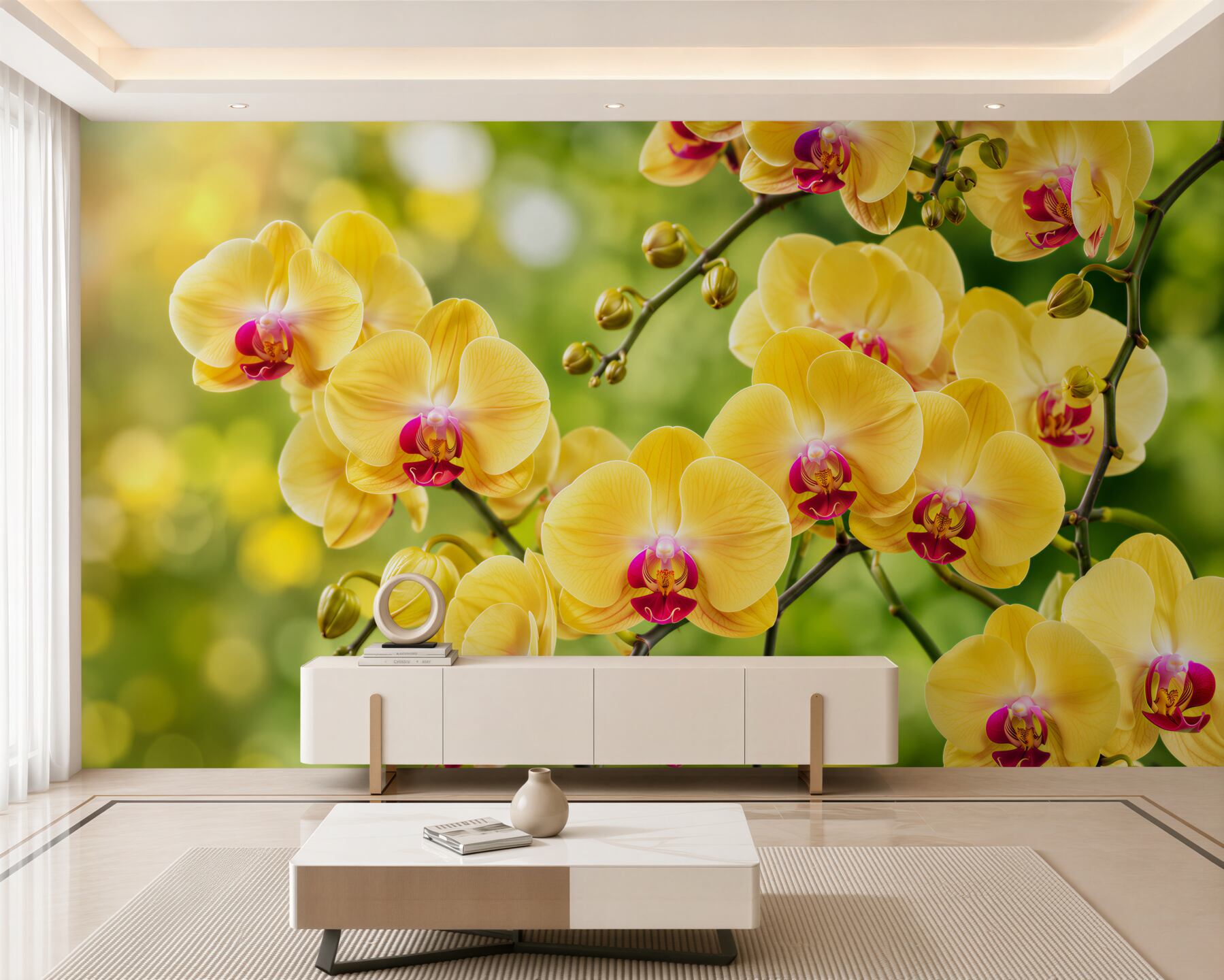 Fotobehang gele orchideeën in een zomertuin