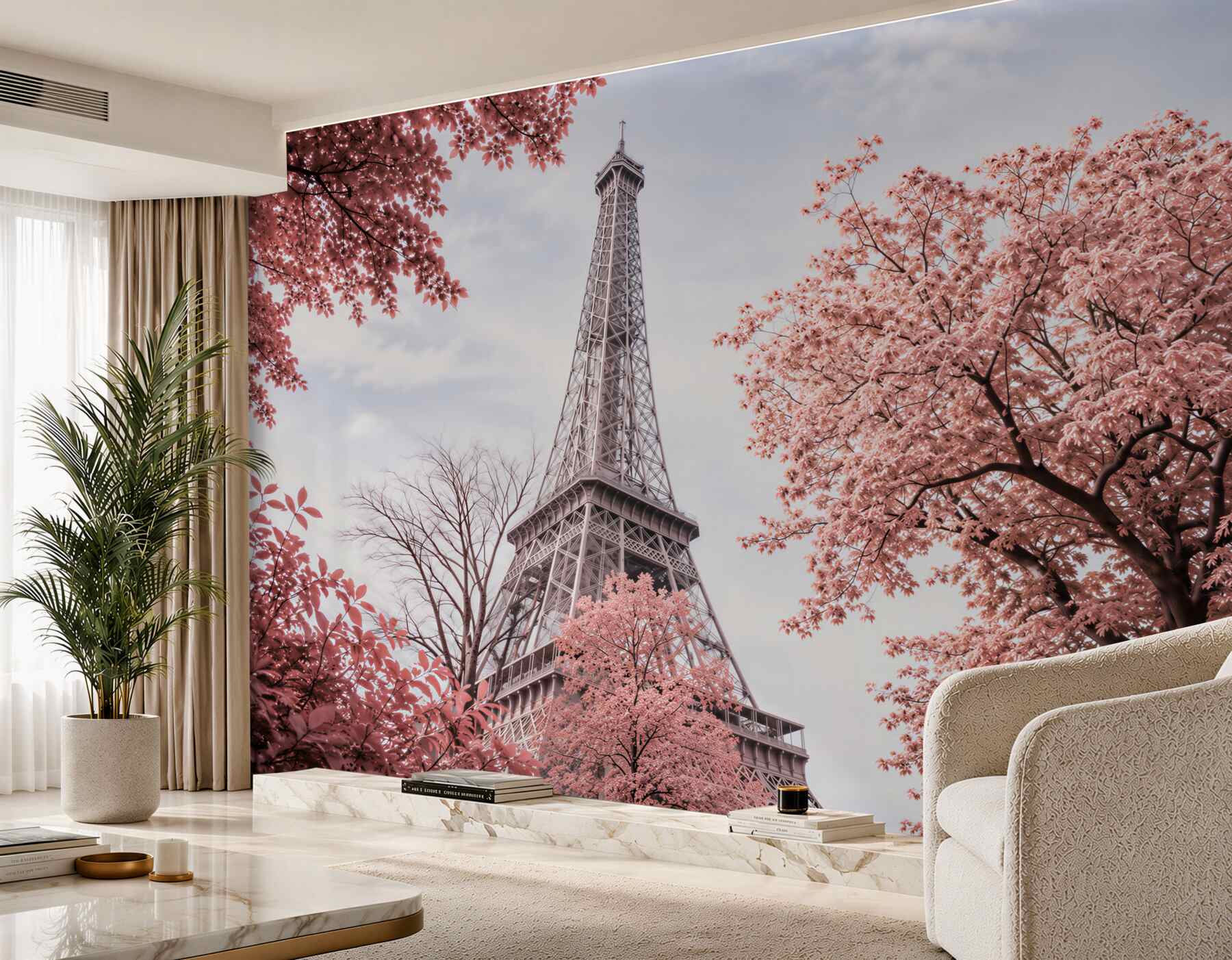 Fotobehang kersenbloesems voor de Eiffeltoren