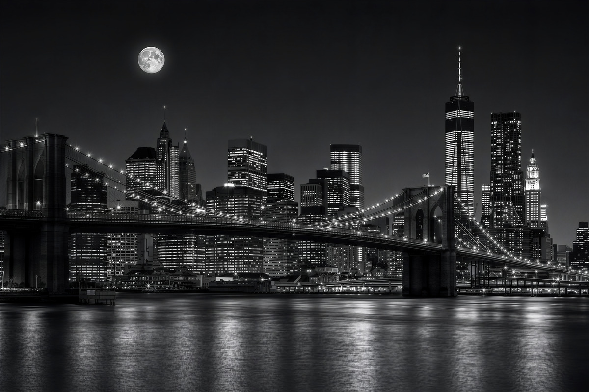 Fotobehang volle maan boven New York in zwart-wit