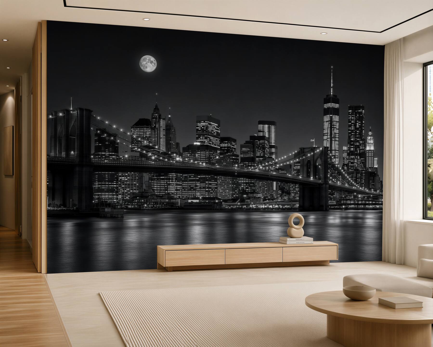Fotobehang volle maan boven New York in zwart-wit