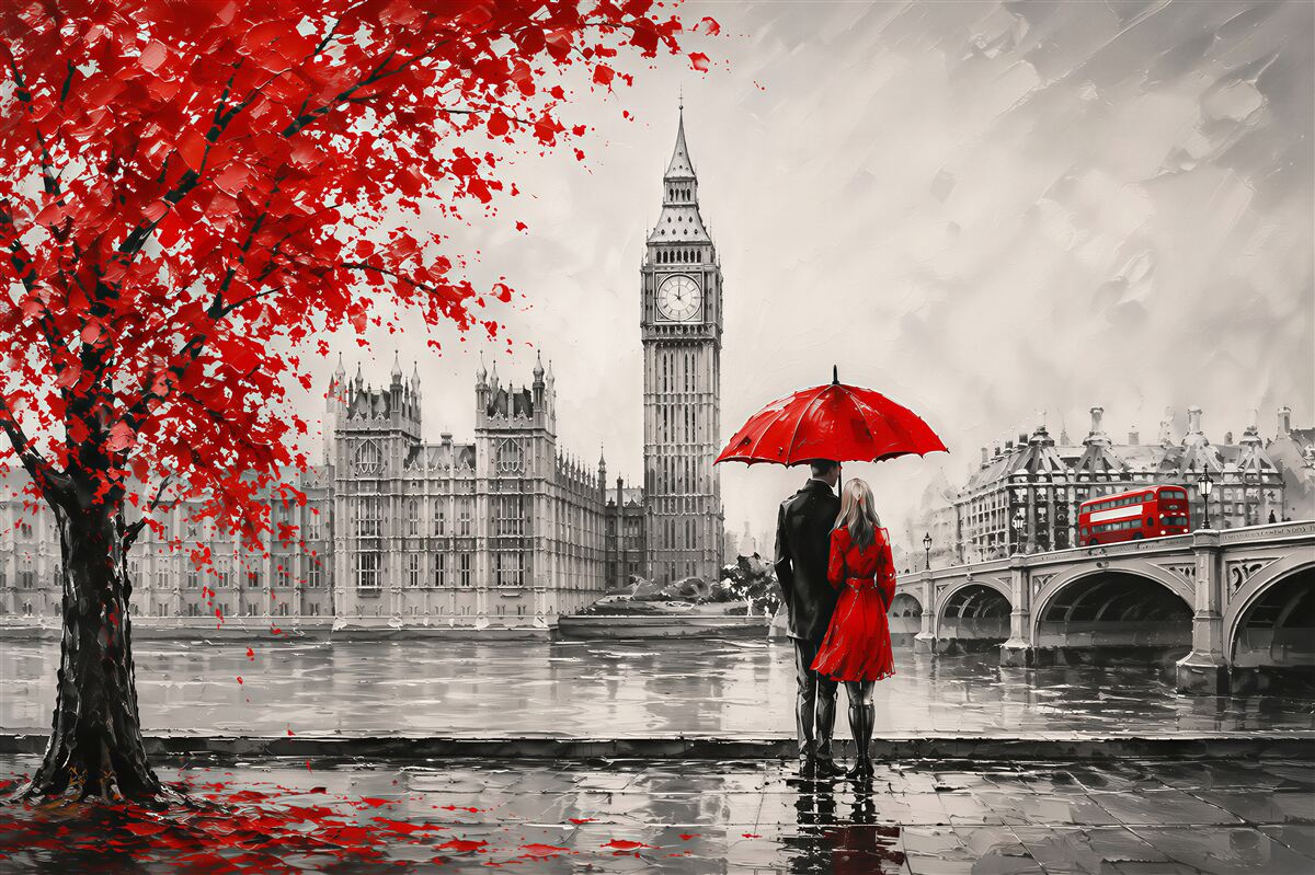 Fotobehang stel onder een rode paraplu, kijkend naar Big Ben