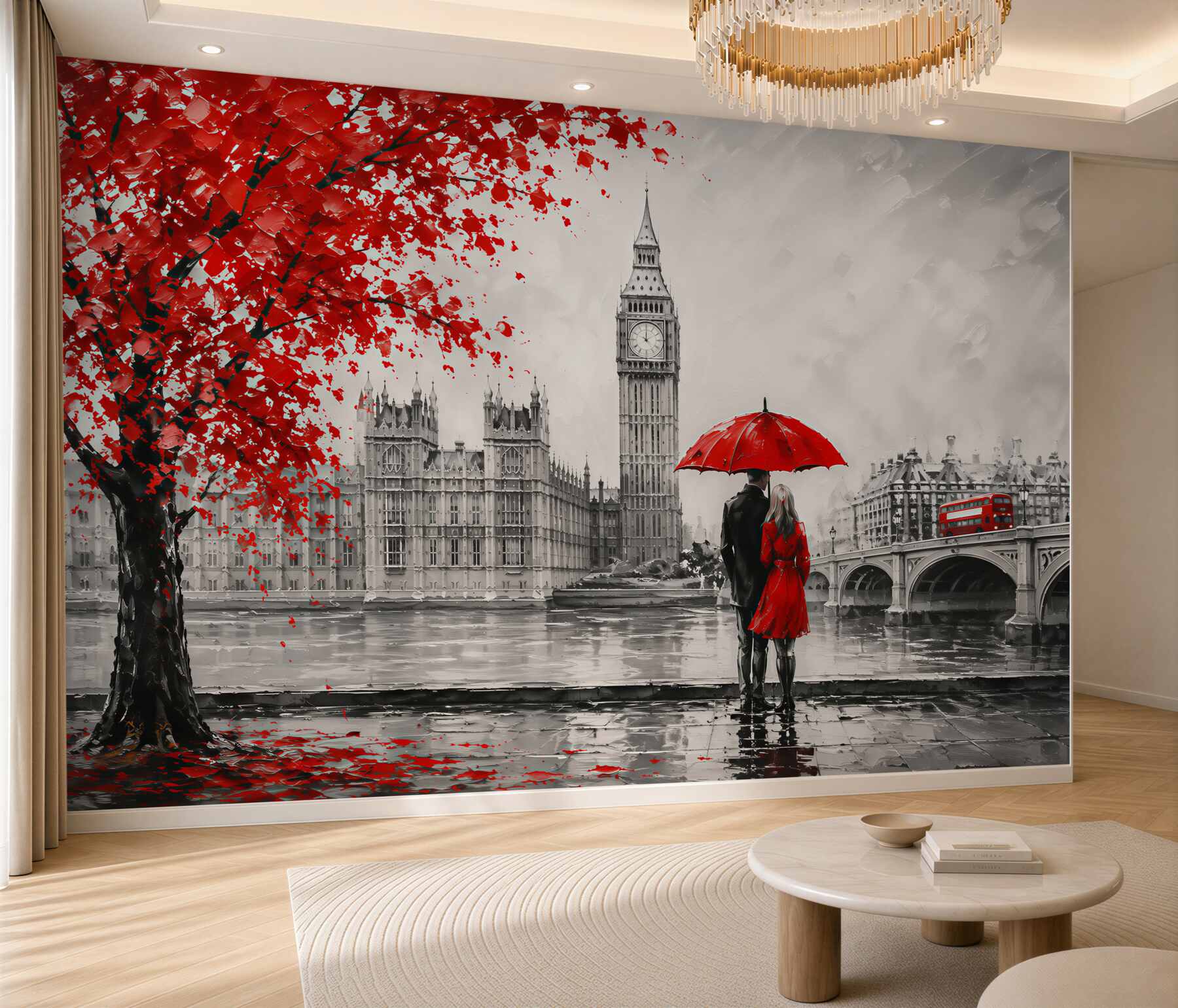 Fotobehang stel onder een rode paraplu, kijkend naar Big Ben