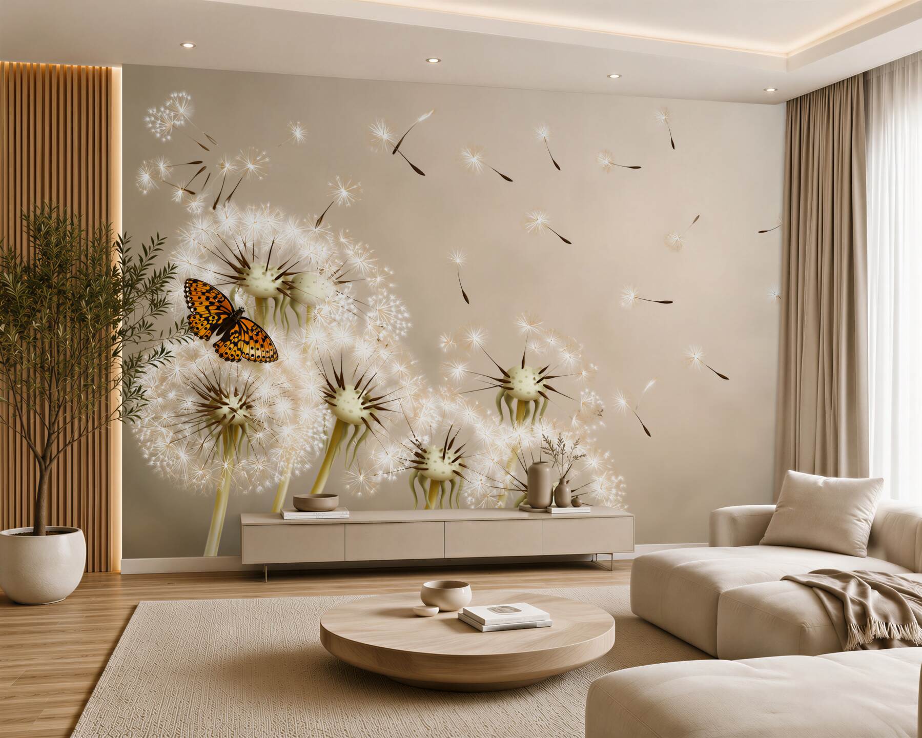 Fotobehang vlinder op delicate paardenbloemen