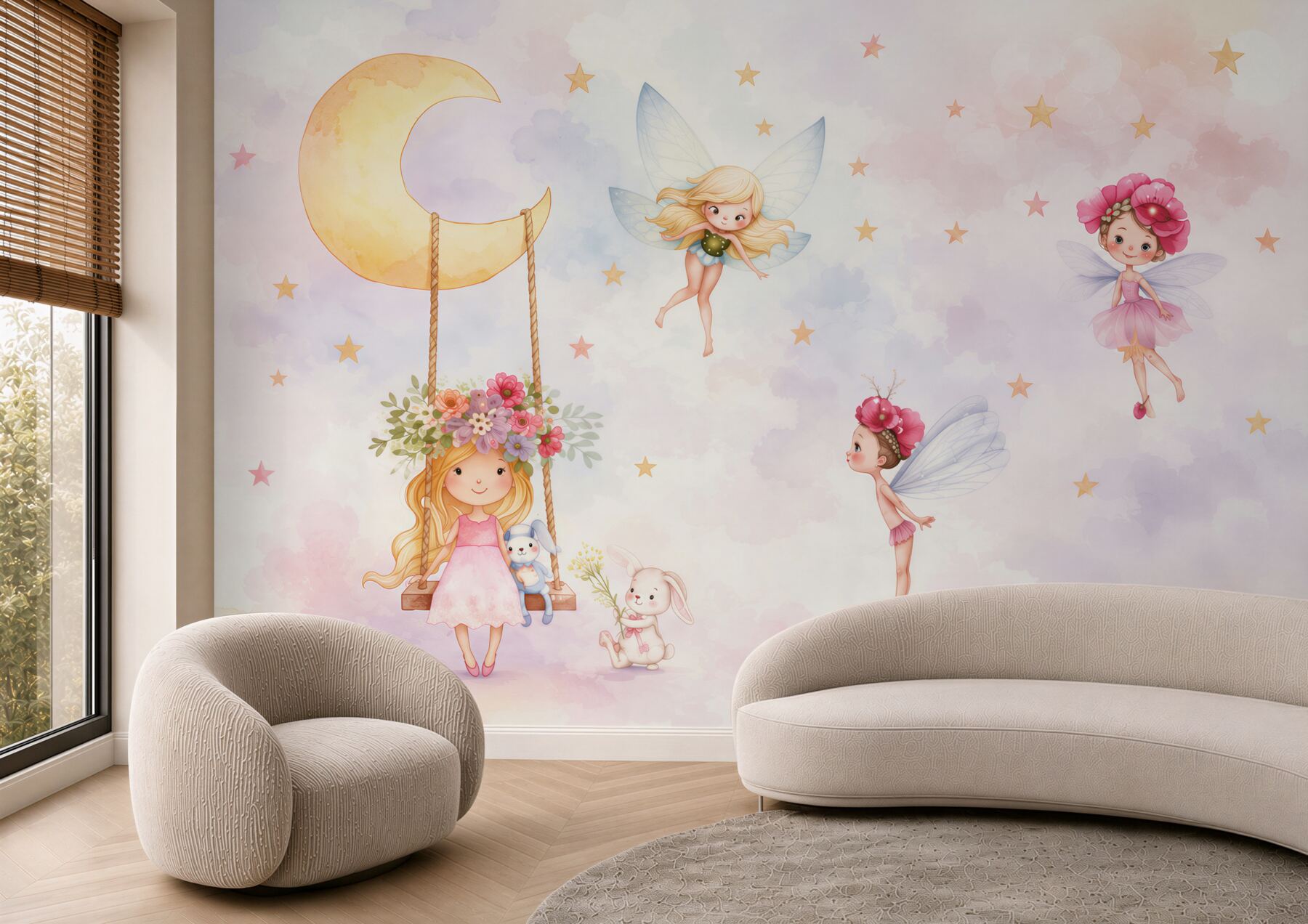 Fotobehang meisje op een schommel en feeën
