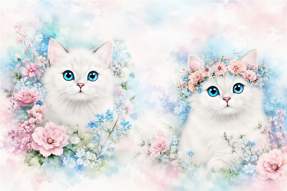Fotobehang maart katten in bloemen