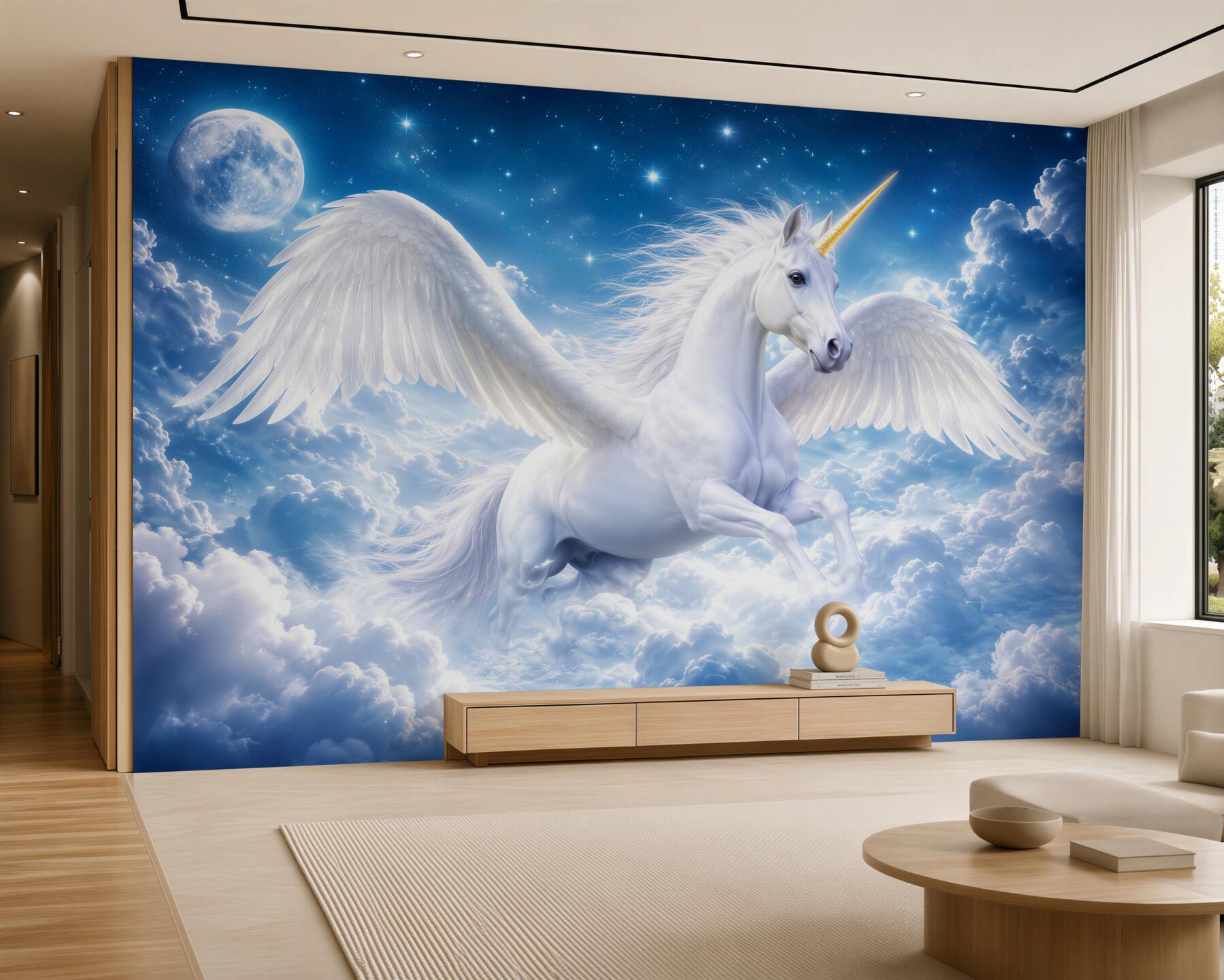 Fotobehang eenhoorn vliegt door de wolken