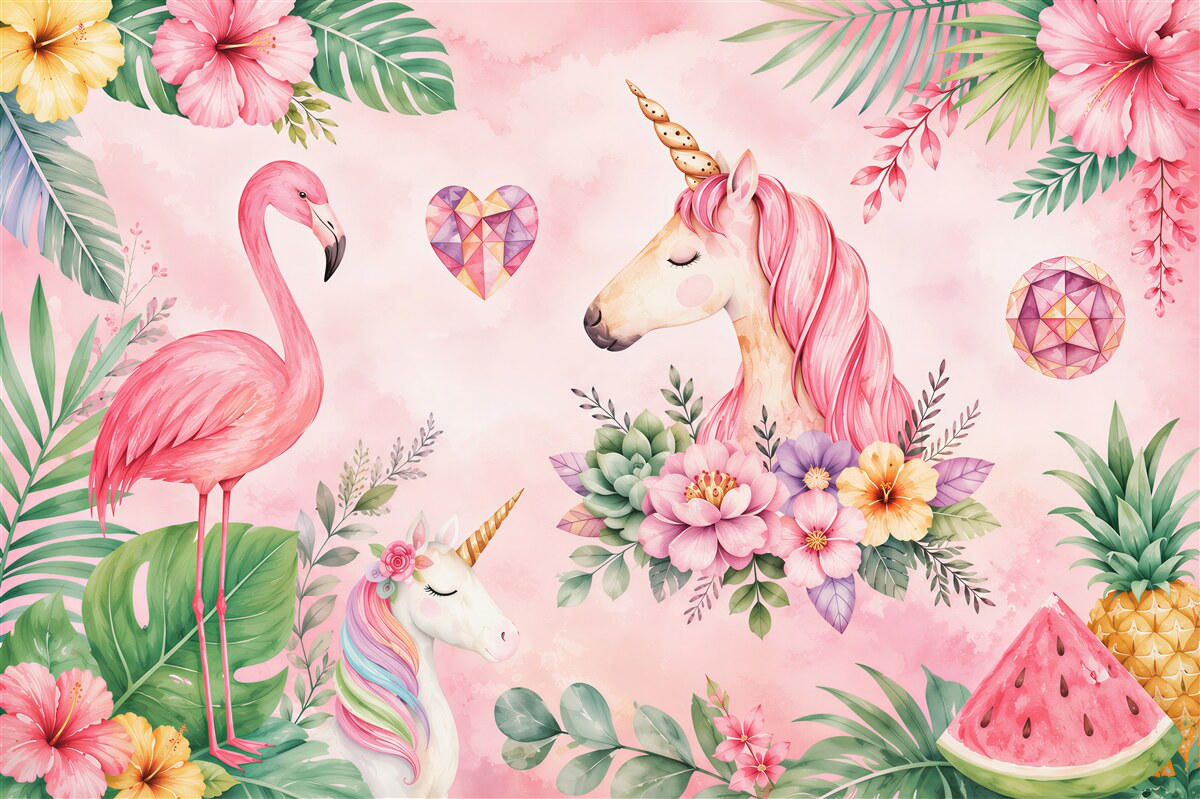 Fotobehang roze flamingo en eenhoorn