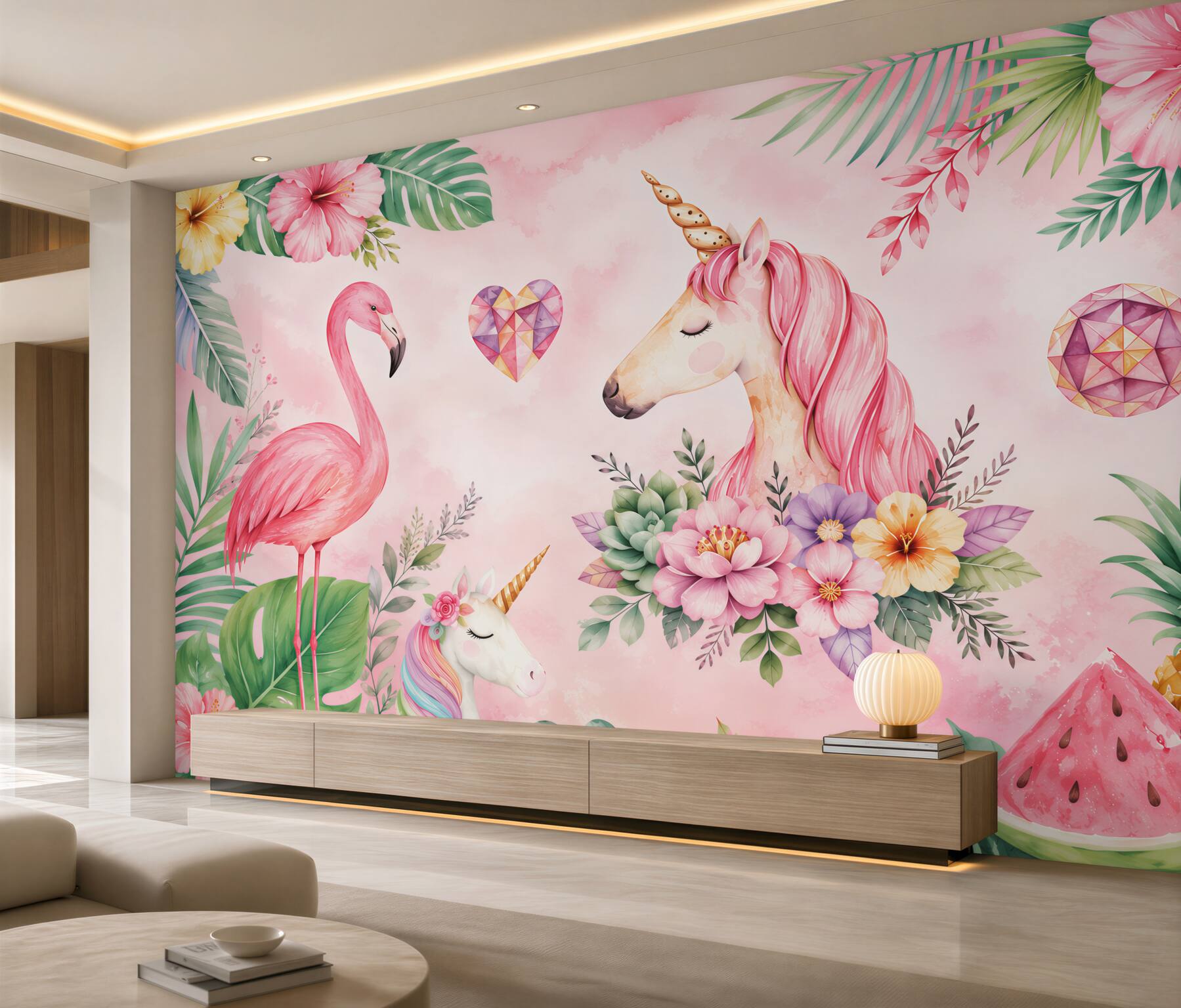 Fotobehang roze flamingo en eenhoorn