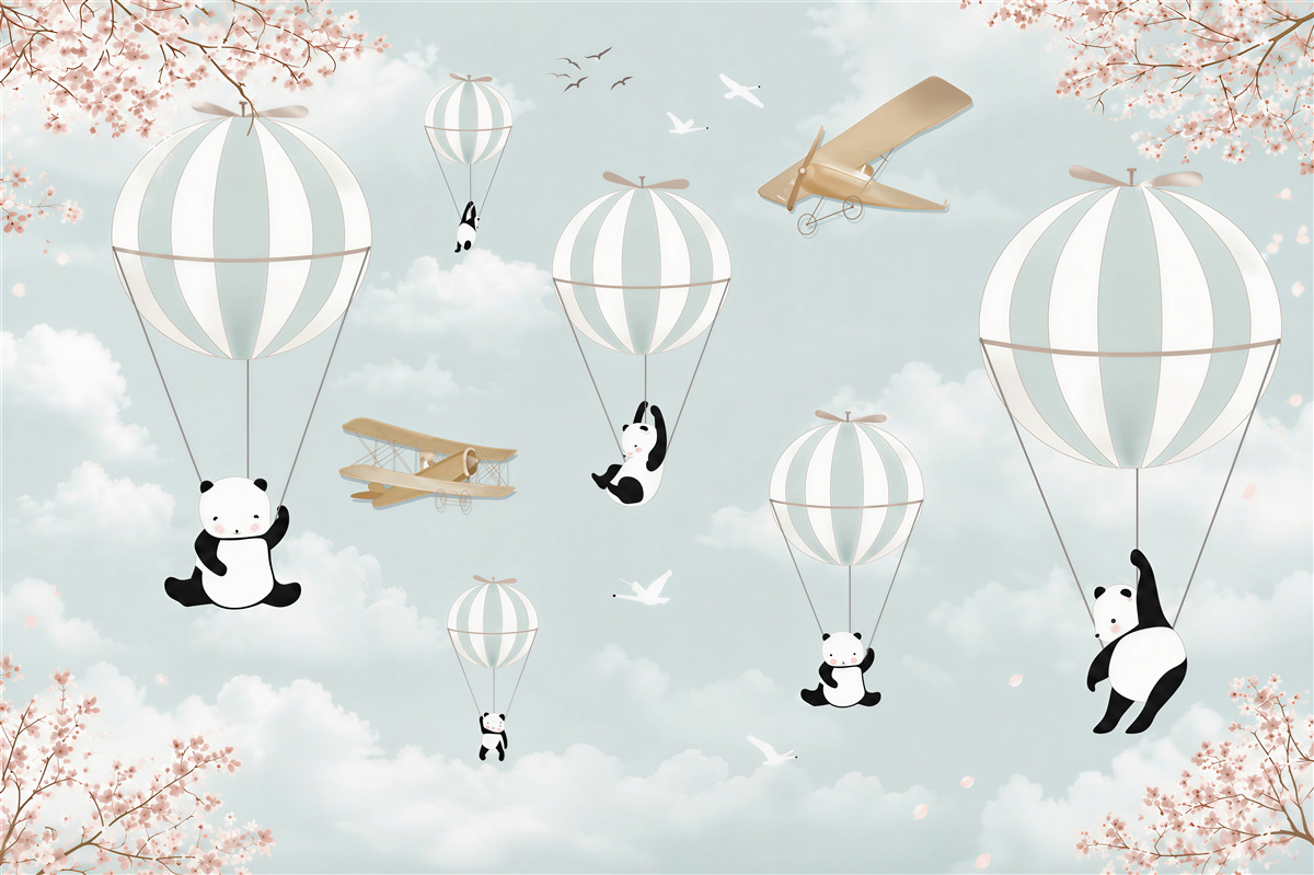 Fotobehang ballonnen en panda's