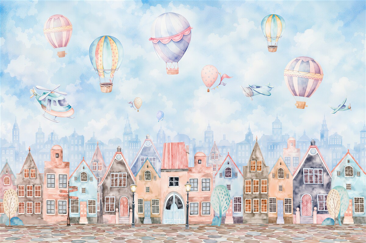 Fotobehang ballonnen boven kleurrijke huizen