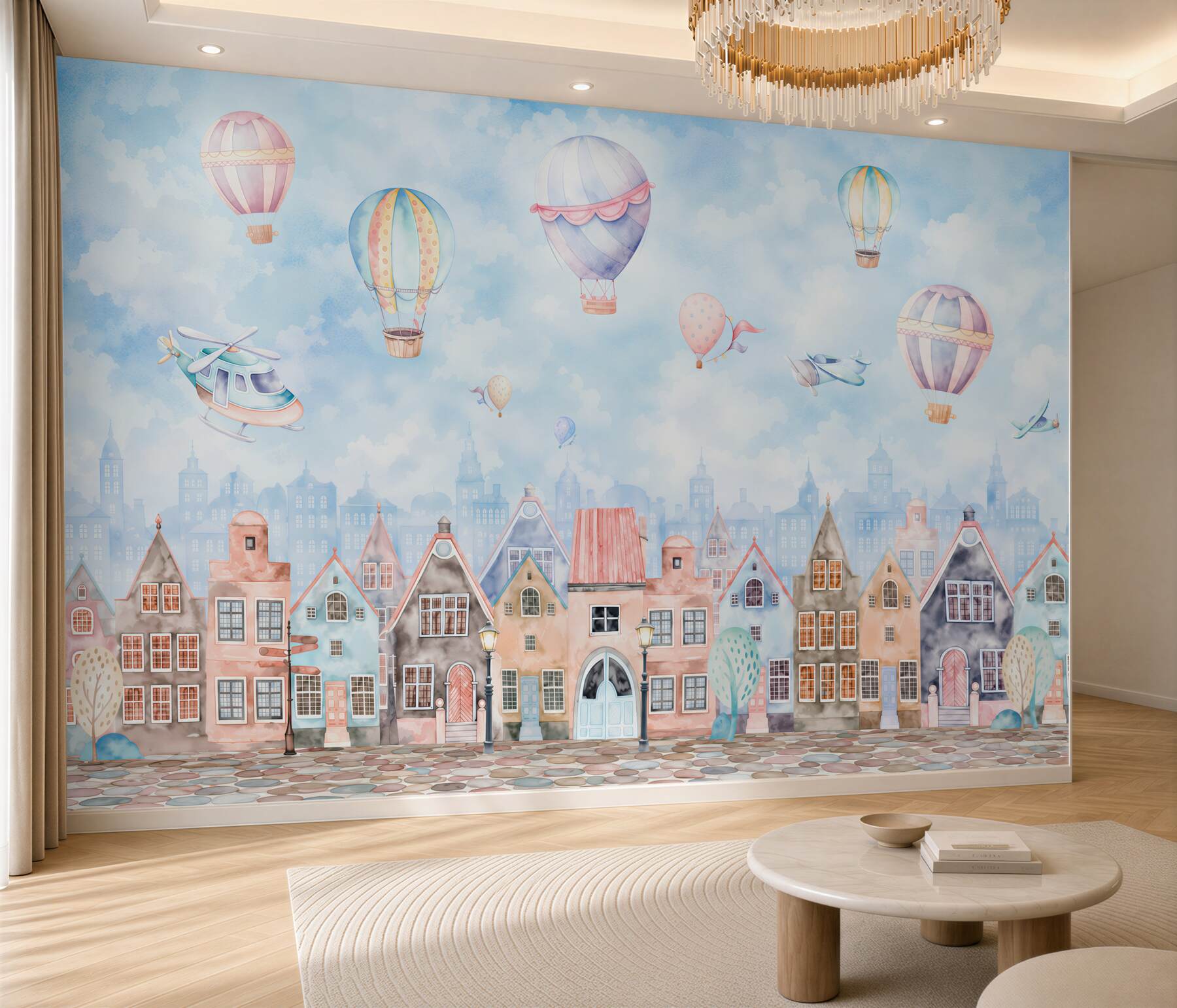 Fotobehang ballonnen boven kleurrijke huizen