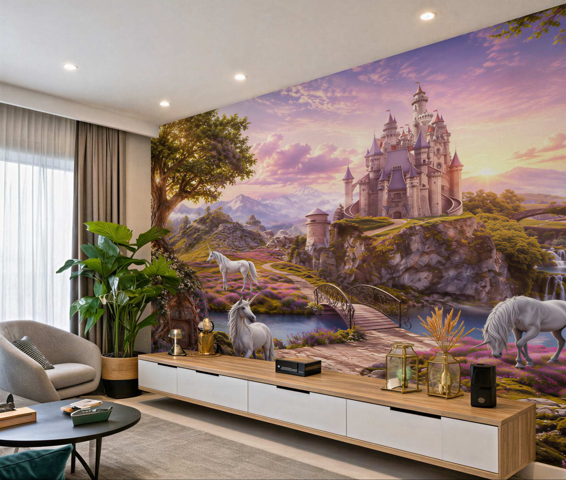 Fotobehang eenhoorns boven een rivier dichtbij een kasteel